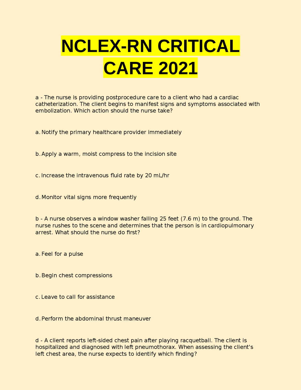 NCLEX-RN CRITICAL CARE 2022/2023 STUDY GUIDE QUESTIONS AND ANSWERS ...
