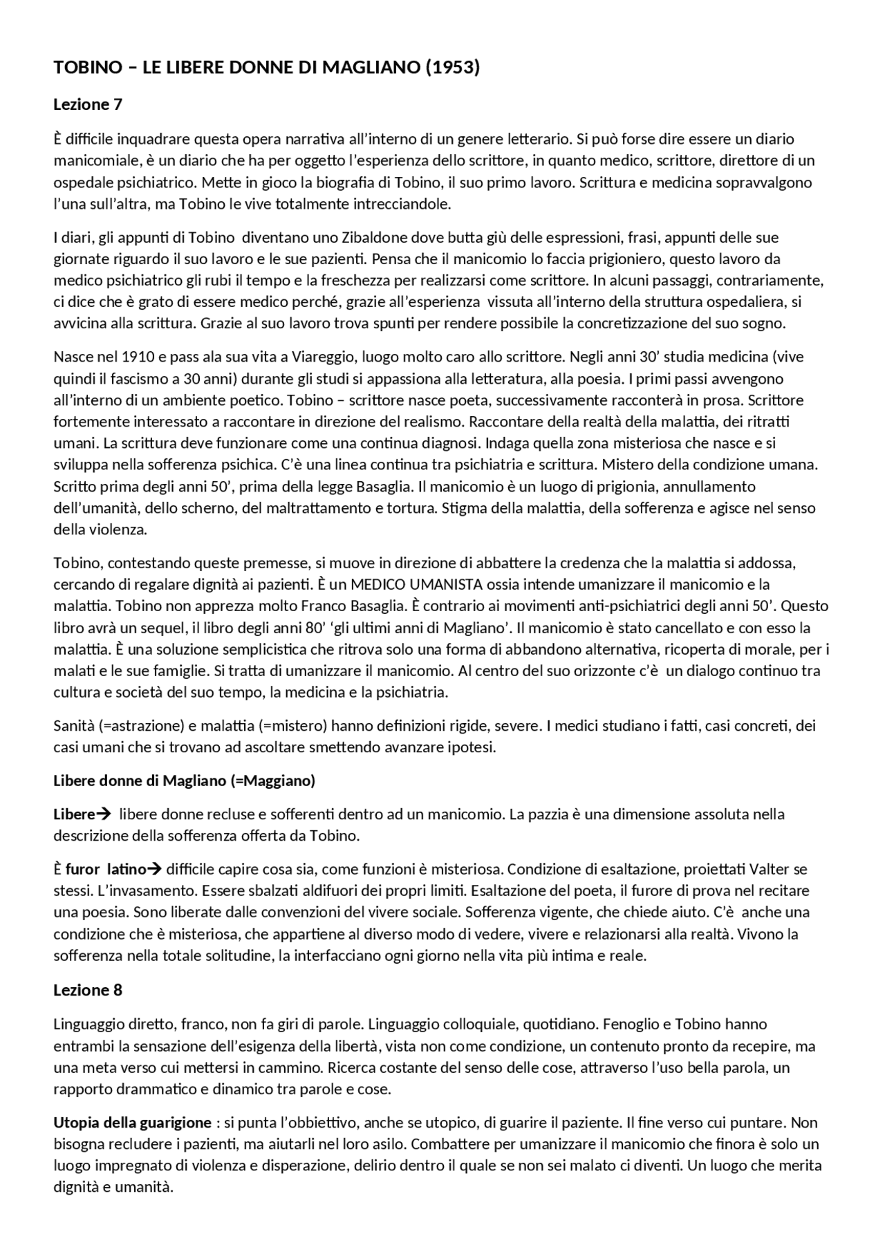 Libere donne di Magliano Mario Tobino Appunti di Letteratura Docsity