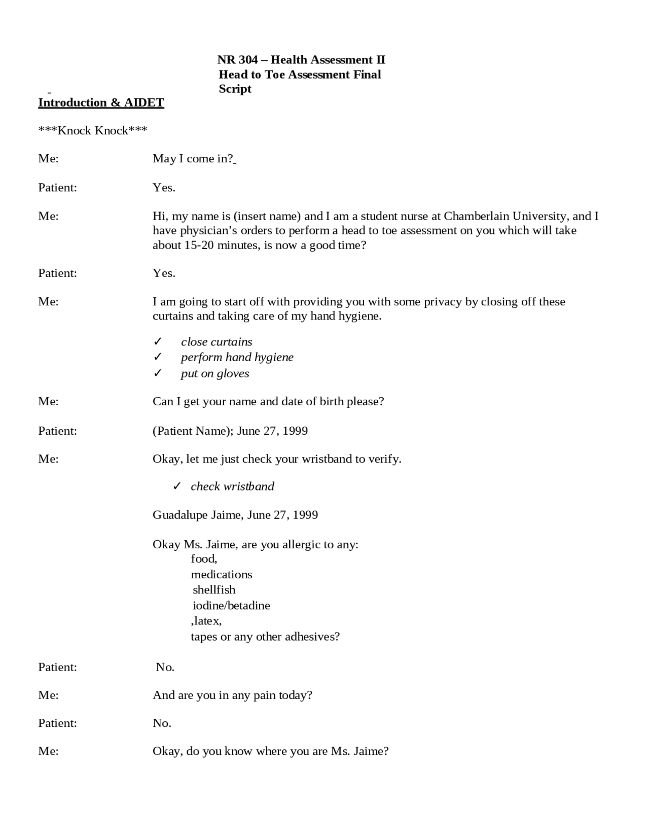 NR 304 – Health Assessment II Head to Toe Assessment Final Script (2022) |  Exams Nursing - Docsity