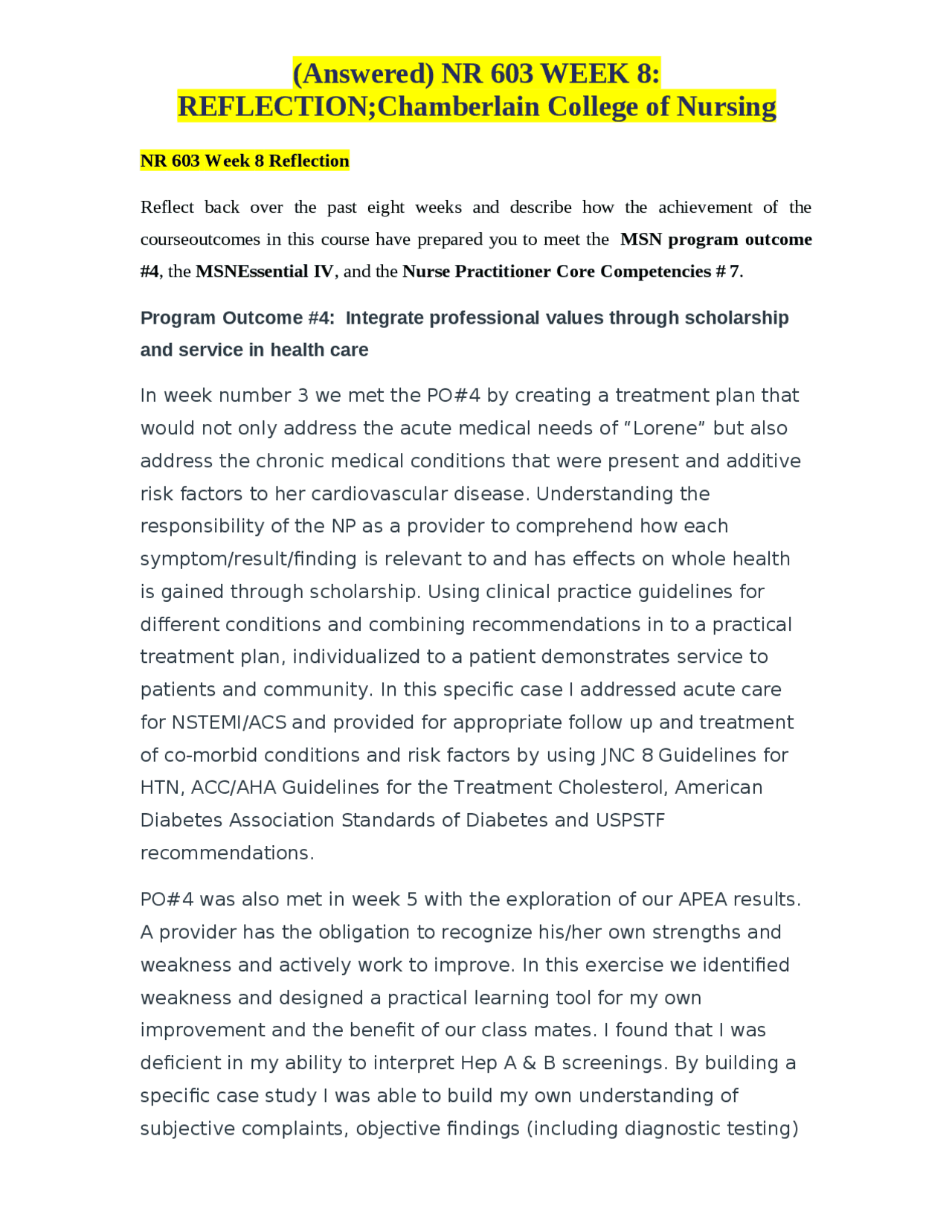 (Answered) NR 603 WEEK 8: REFLECTION;Chamberlain College of Nursing ...