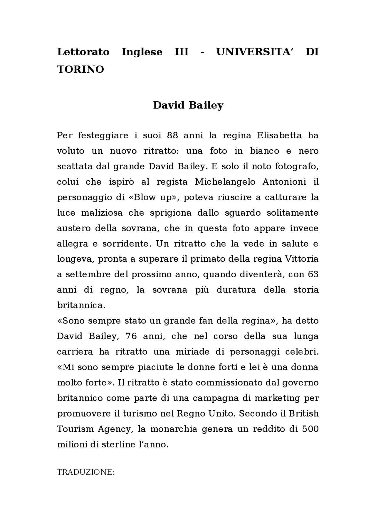 Prova di Traduzione dall'Inglese all'Italiano LETTORATO INGLESE 3 ANNUALITA' Prove d'esame di Prova di Traduzione dall'Inglese all'Italiano LETTORATO INGLESE 3 ANNUALITA' Prove d'esame di