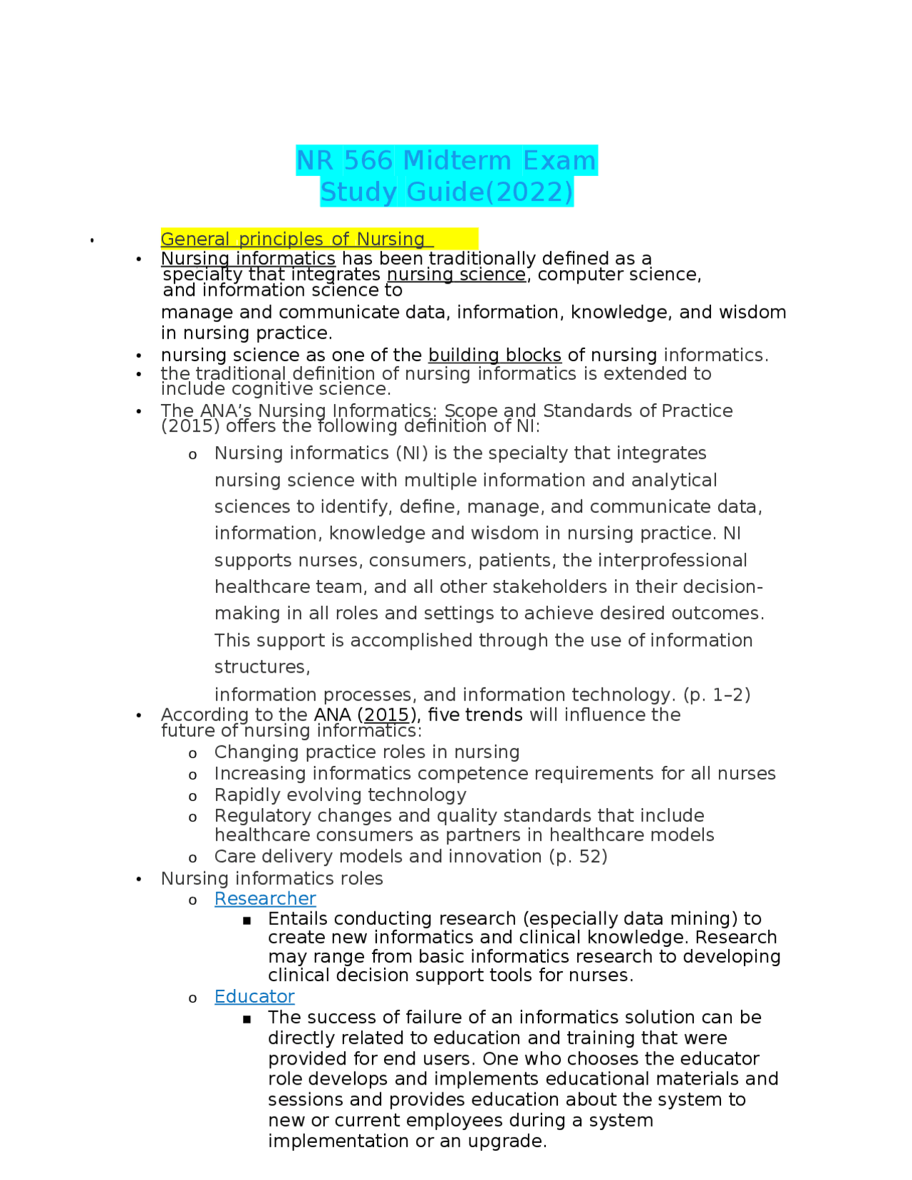 Notes Into Informatics Sample Nursing Informatics and Related Sciences | Study notes Nursing | Docsity