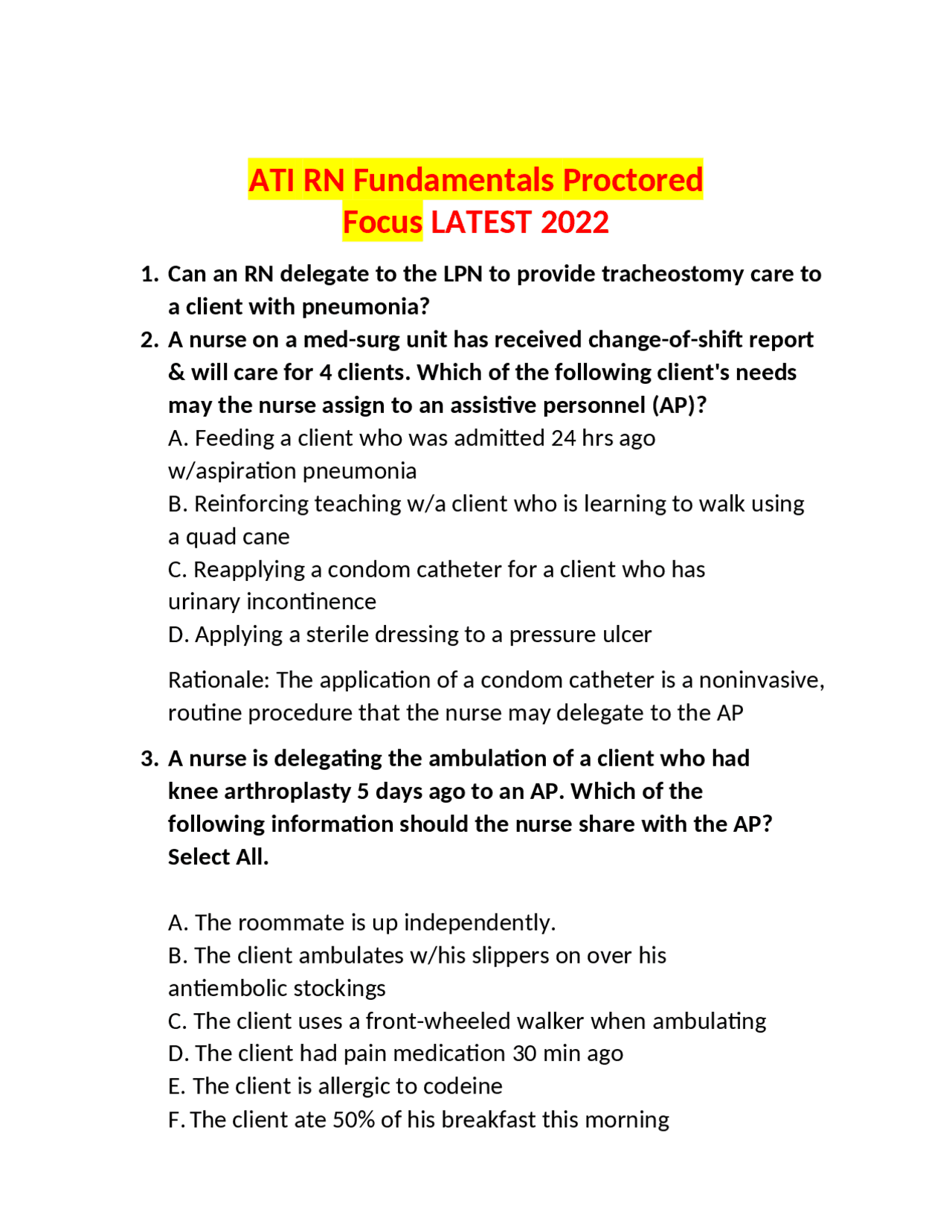 ATI RN Fundamentals Proctored Focus LATEST 2022 Exams Nursing Docsity