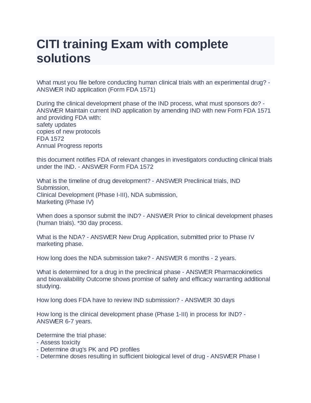 CITI training Exam with complete solutions | Study notes Nursing - Docsity