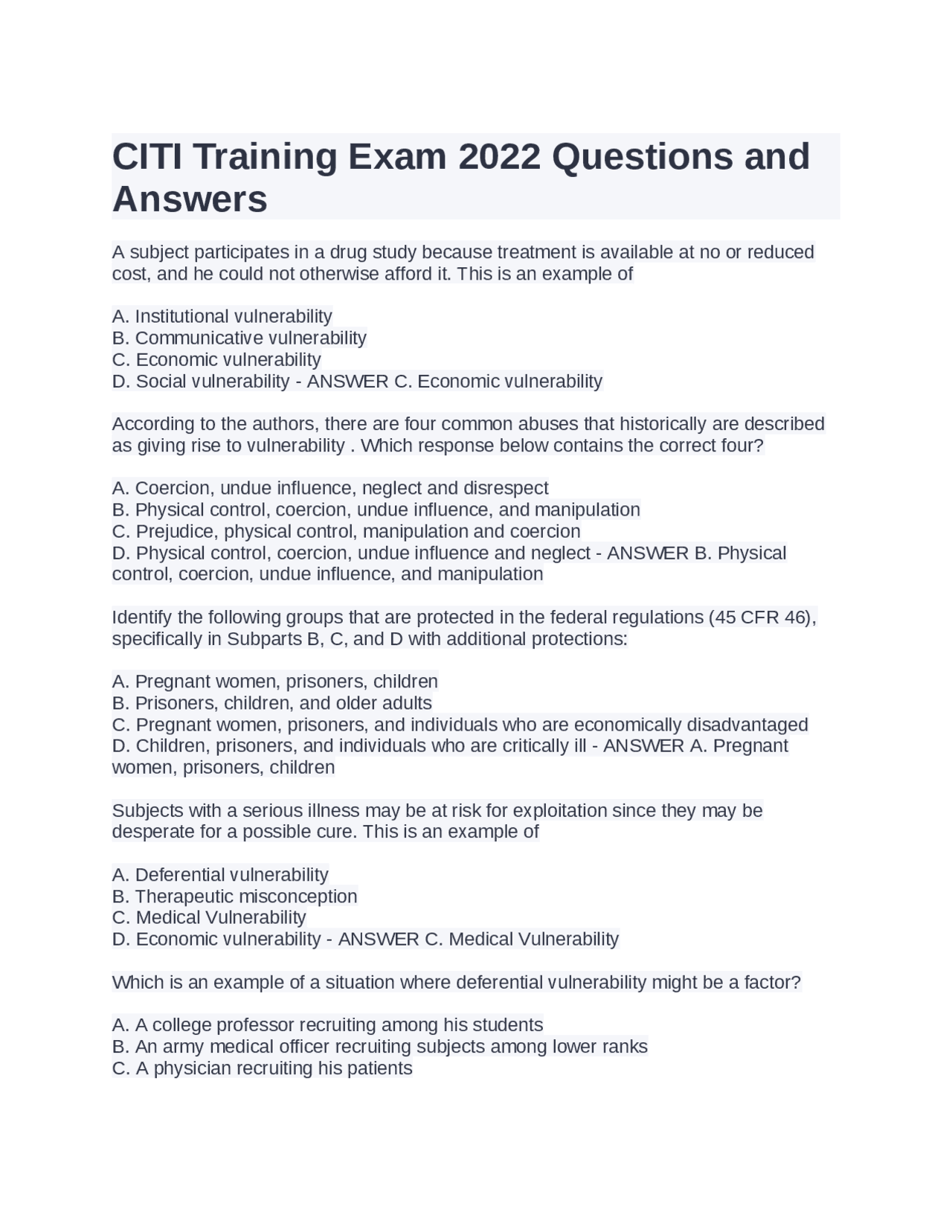 CITI Training Exam 2022 Questions and Answers Study notes Nursing