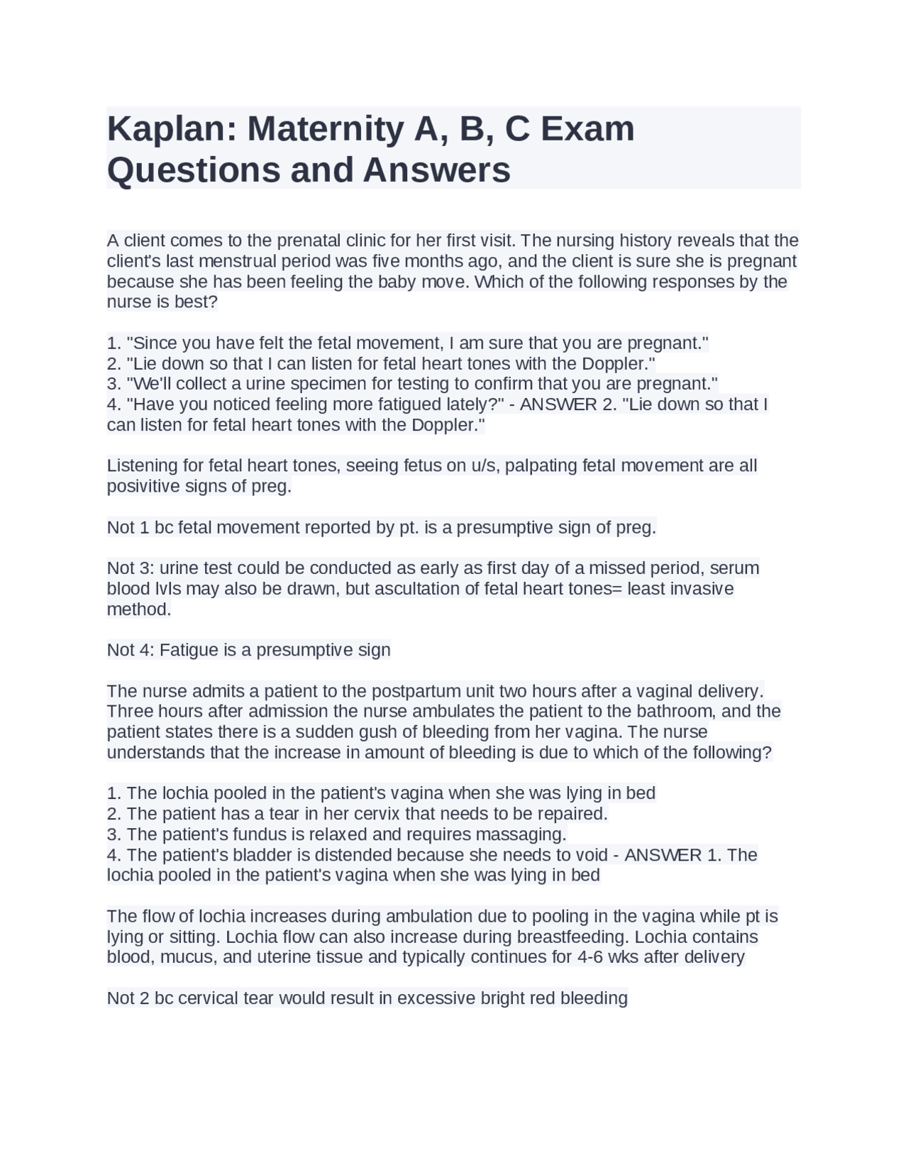 Kaplan Maternity A, B, C Exam Questions and Answers Study notes