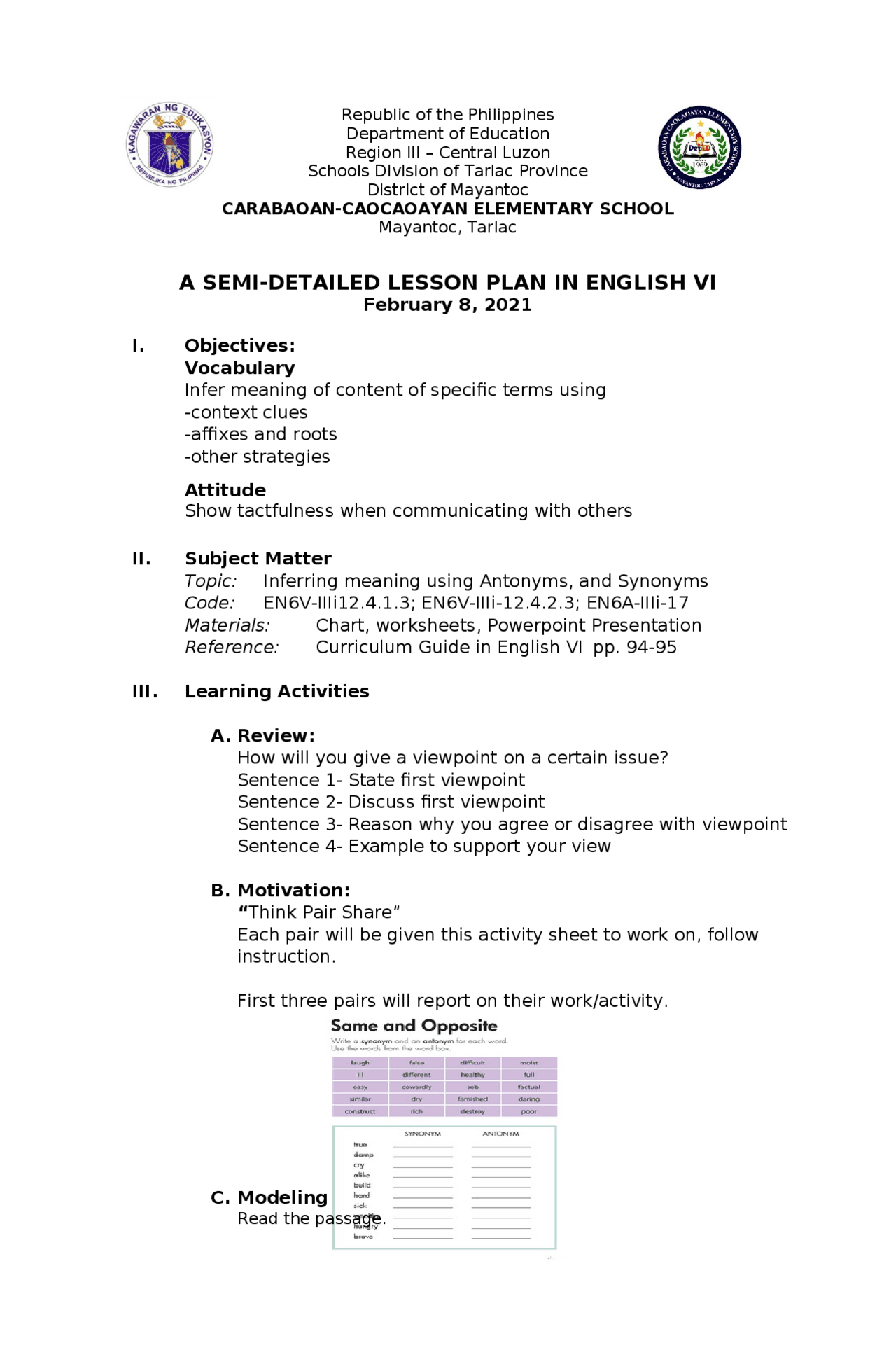 English Semi detailed lesson plan | Study notes English - Docsity