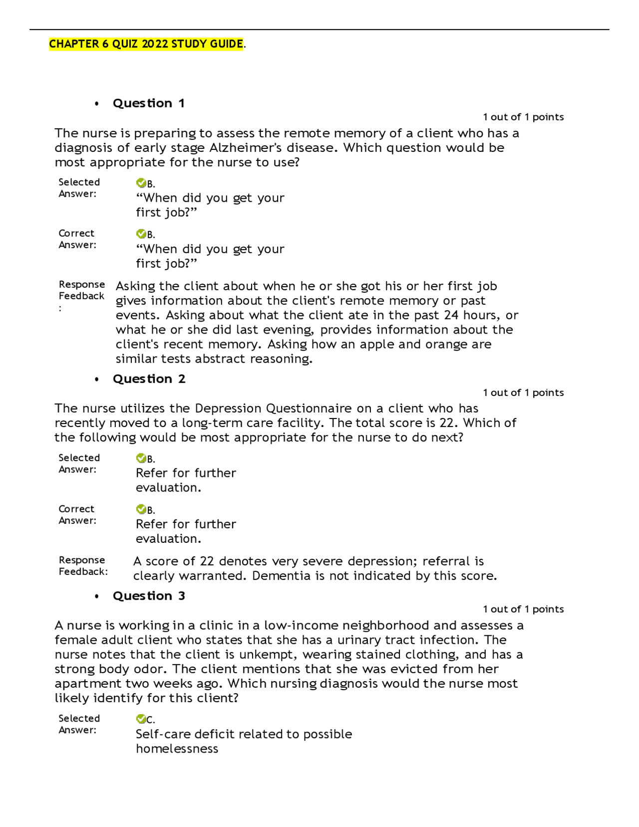 CHAPTER 6 QUIZ 2022 STUDY GUIDE | Exams Nursing | Docsity
