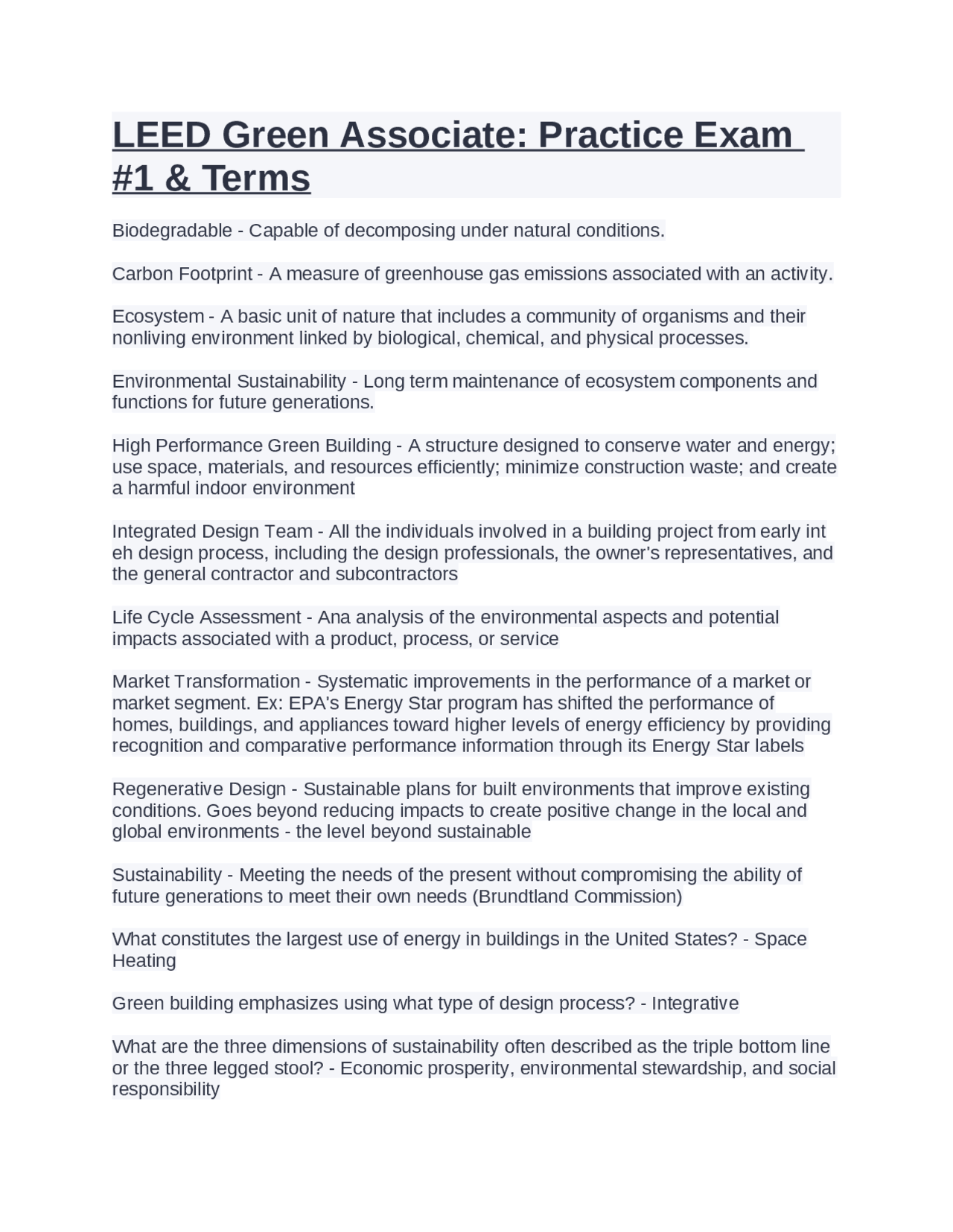 LEED Green Associate Practice Exam #1 & Terms. | Exams Nursing | Docsity