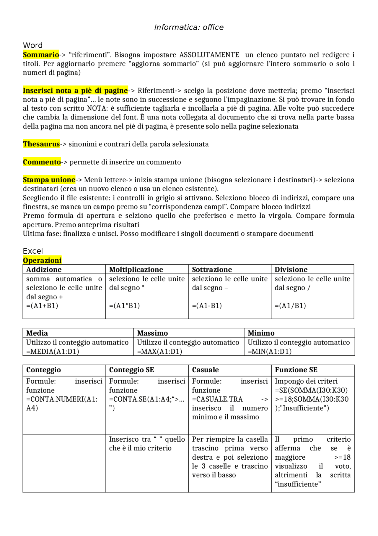 Regole office informatica | Schemi e mappe concettuali di Elementi di ...