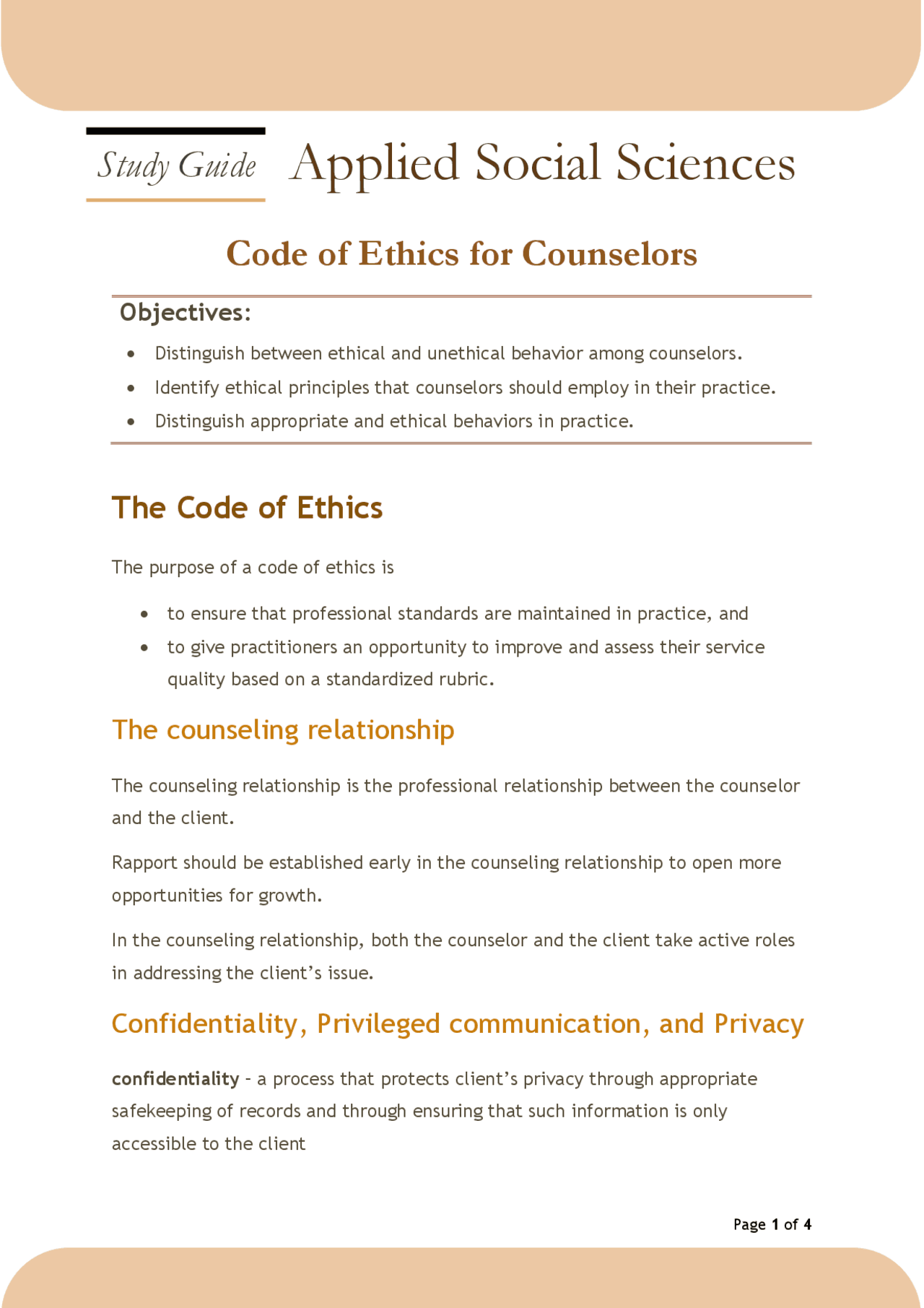 Code of Ethics of Counselors study guide Study notes Career
