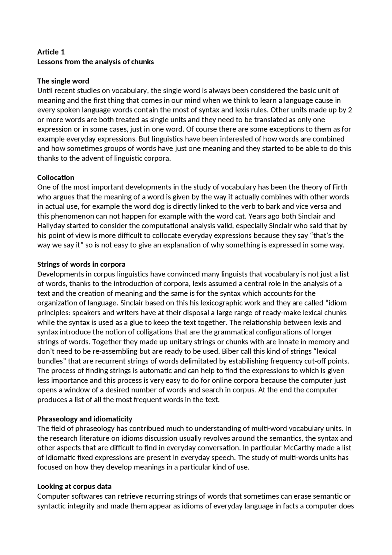 Riassunto articolo sui Lexical Chunks | Dispense di Lingua Inglese ...