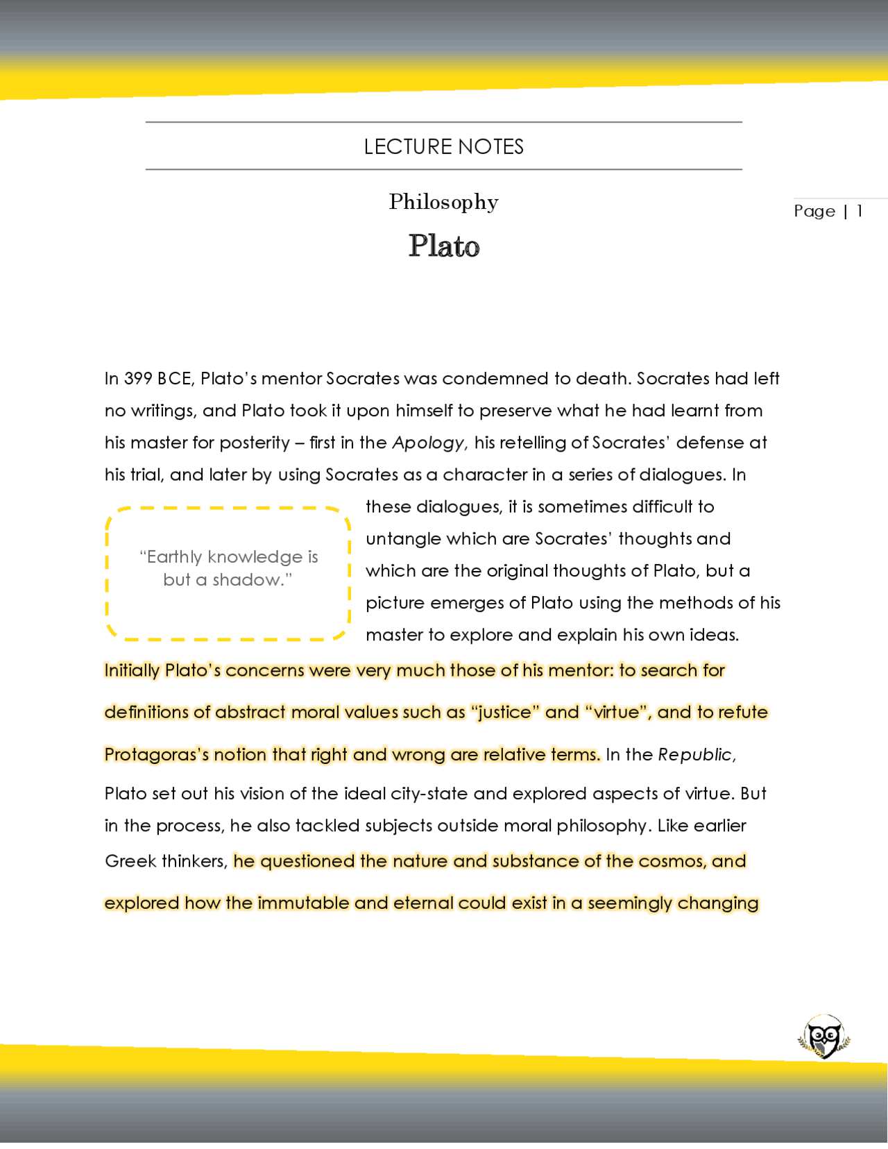 Plato Class Ugc Notes.pdf Plato - lecture note | Lecture notes Philosophy | Docsity