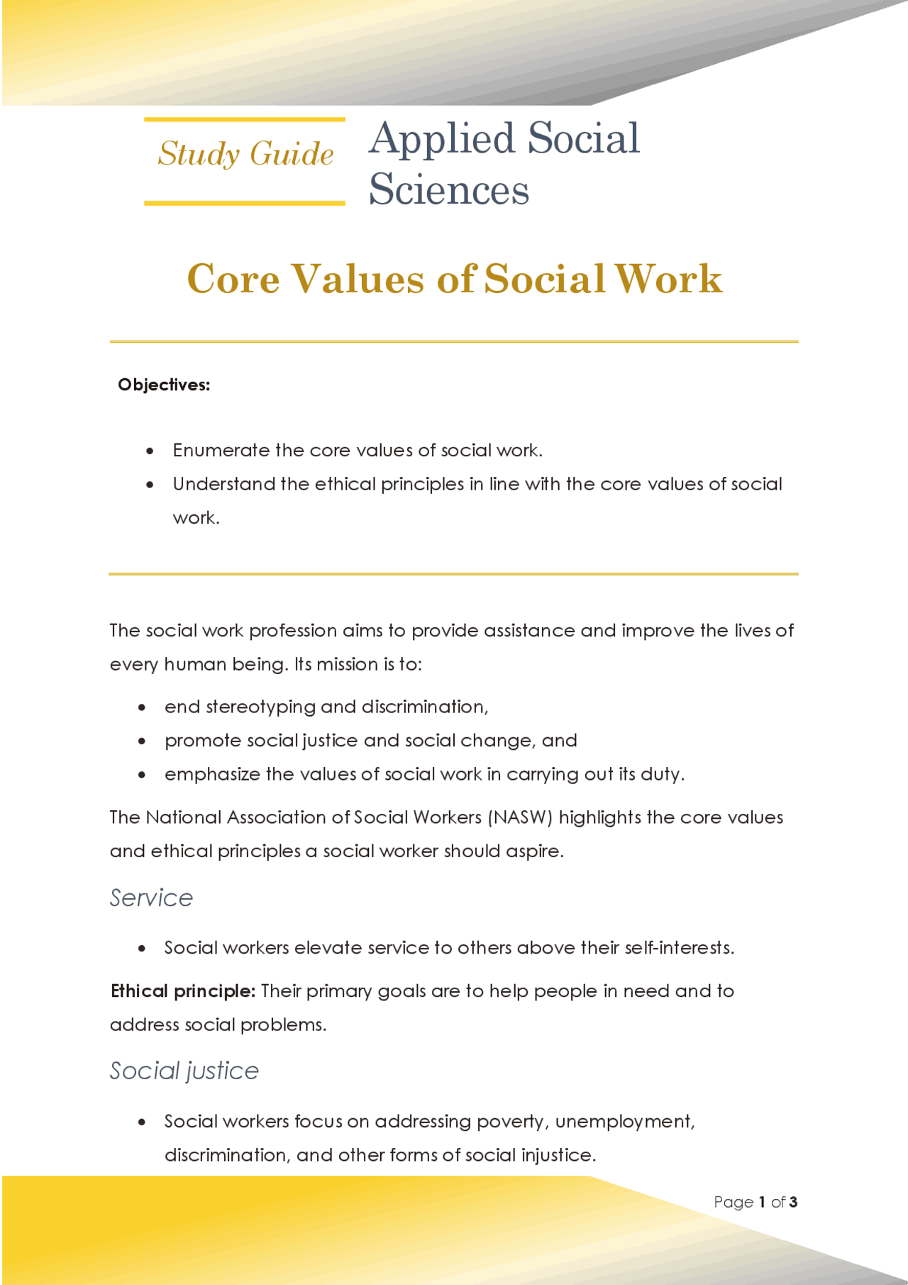 Values In Social Work Practice Core Values of Social Work - study guide | Study notes Social Work ...