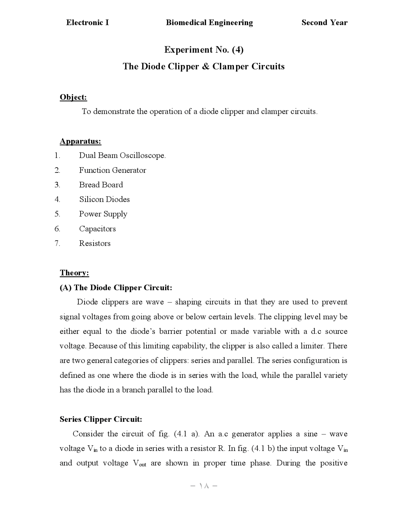 Experiment Clipper Experiment No. (4) The Diode Clipper & Clamper Circuits | Lecture notes ...