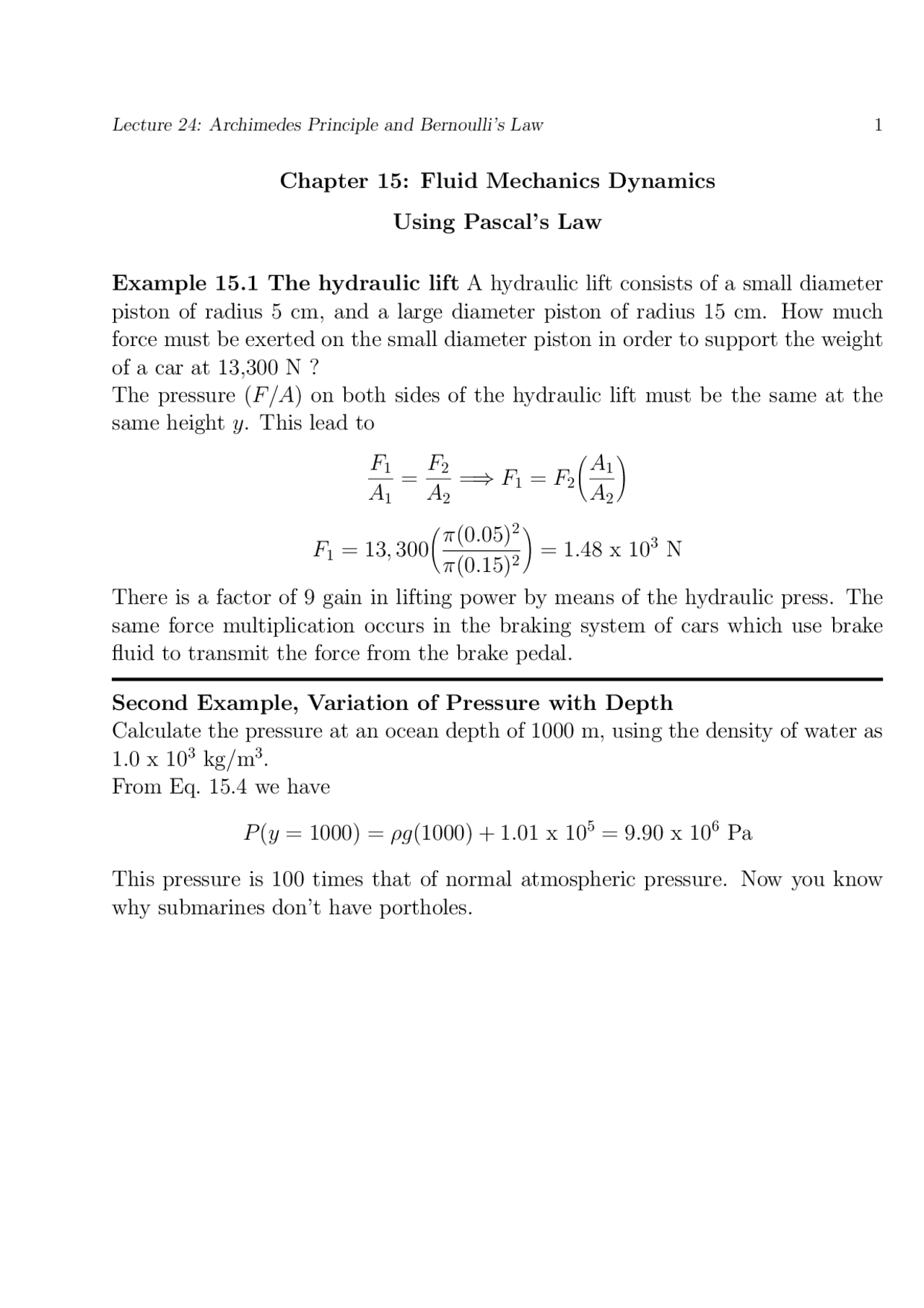 Fluid Mechanics Dynamics Using Pascal's Law Example 15.1 ... | Study ...
