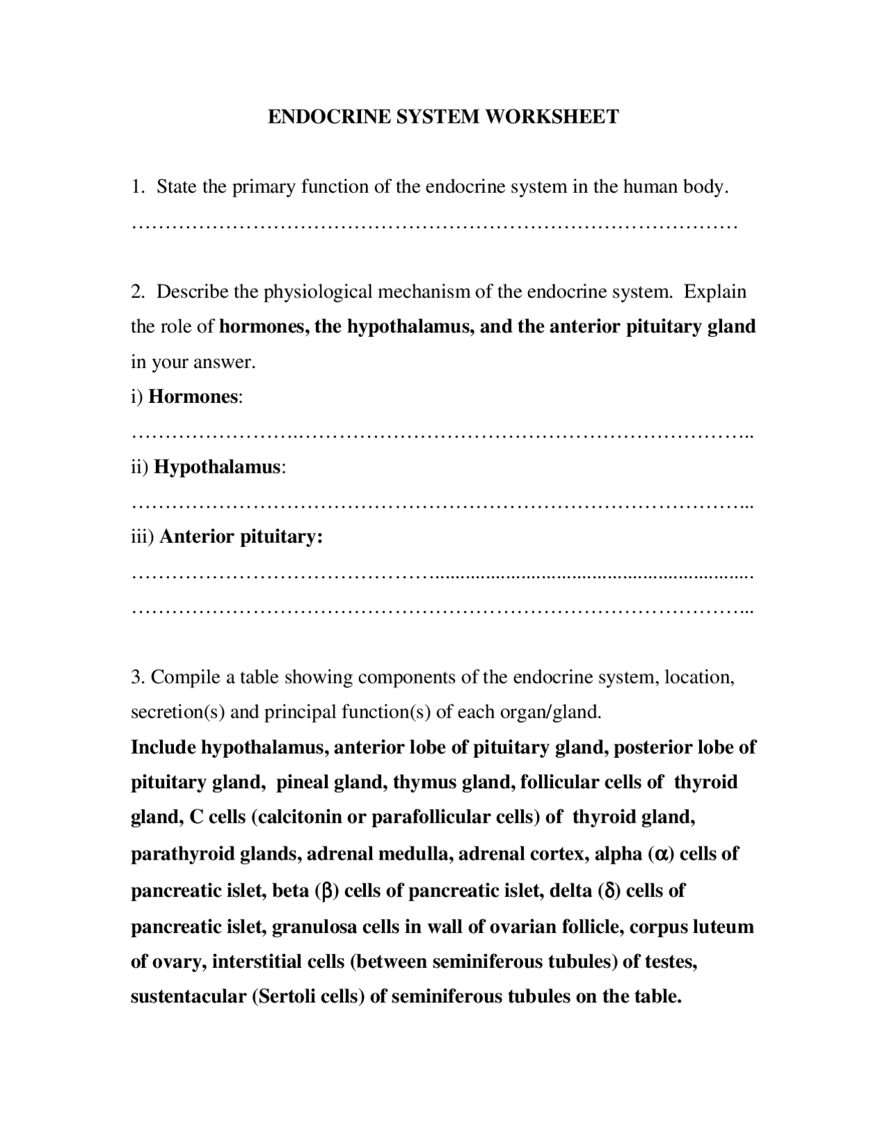 ENDOCRINE SYSTEM WORKSHEET | Lecture notes Endocrinology | Docsity