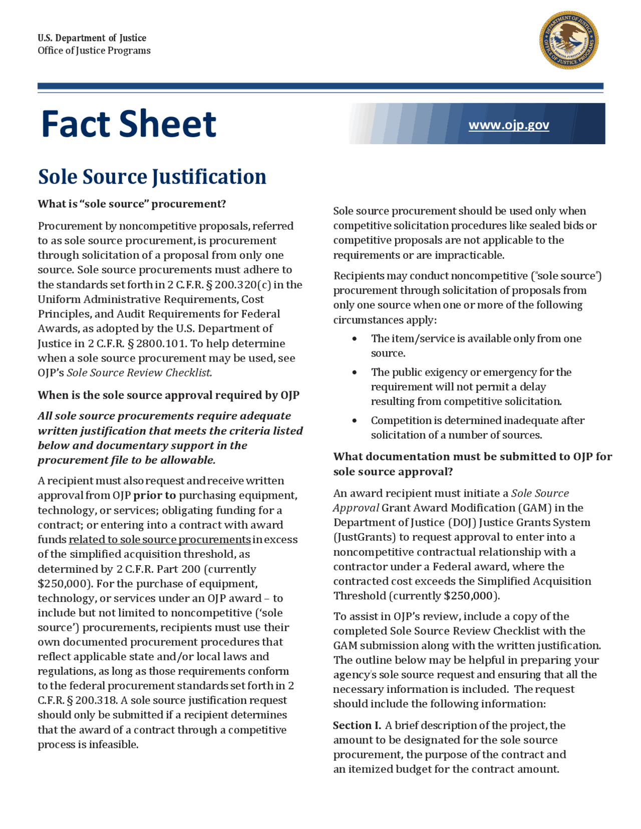 Sole Source Justification Fact Sheet Lecture notes Technology Docsity