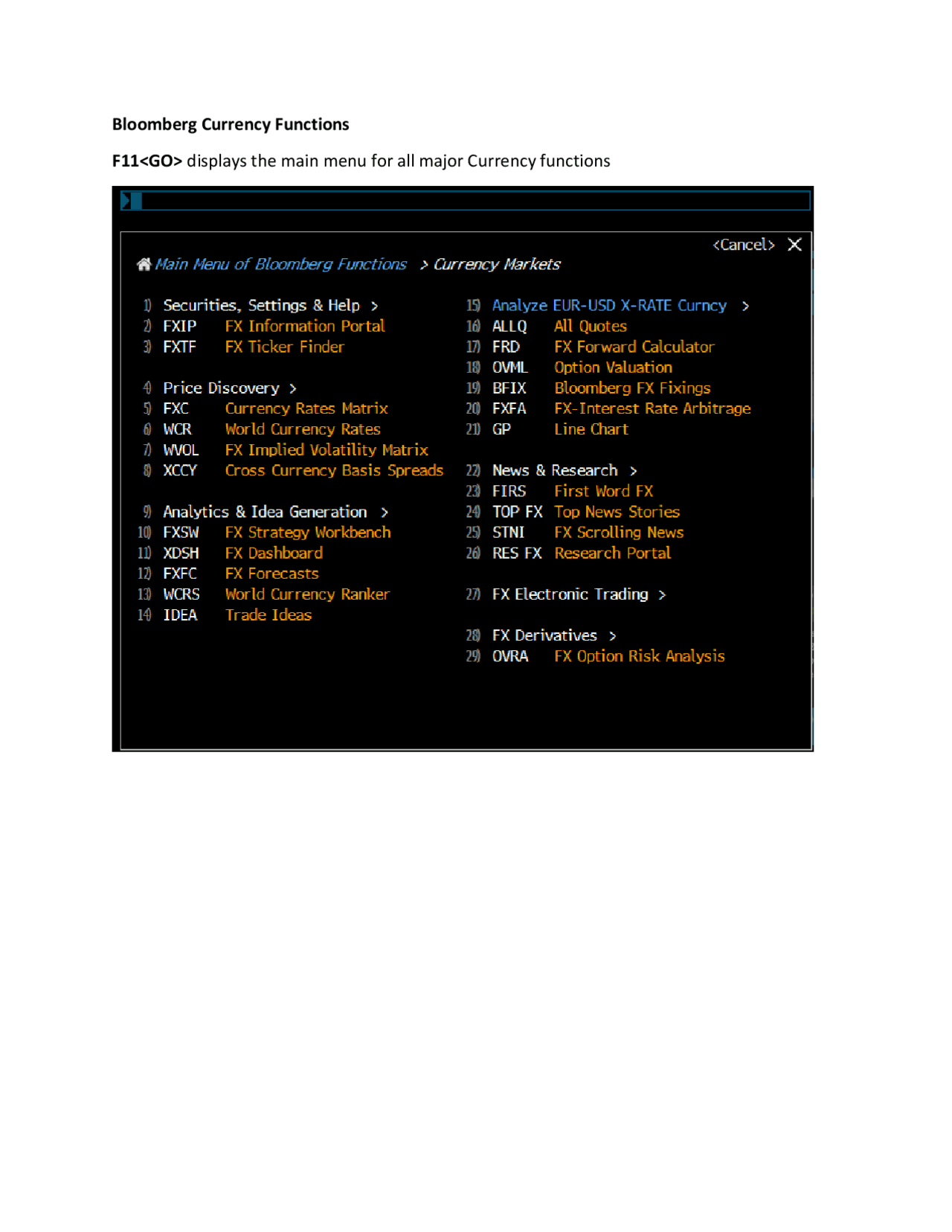 Bloomberg Currency Functions F11 displays the main ... | Slides ...