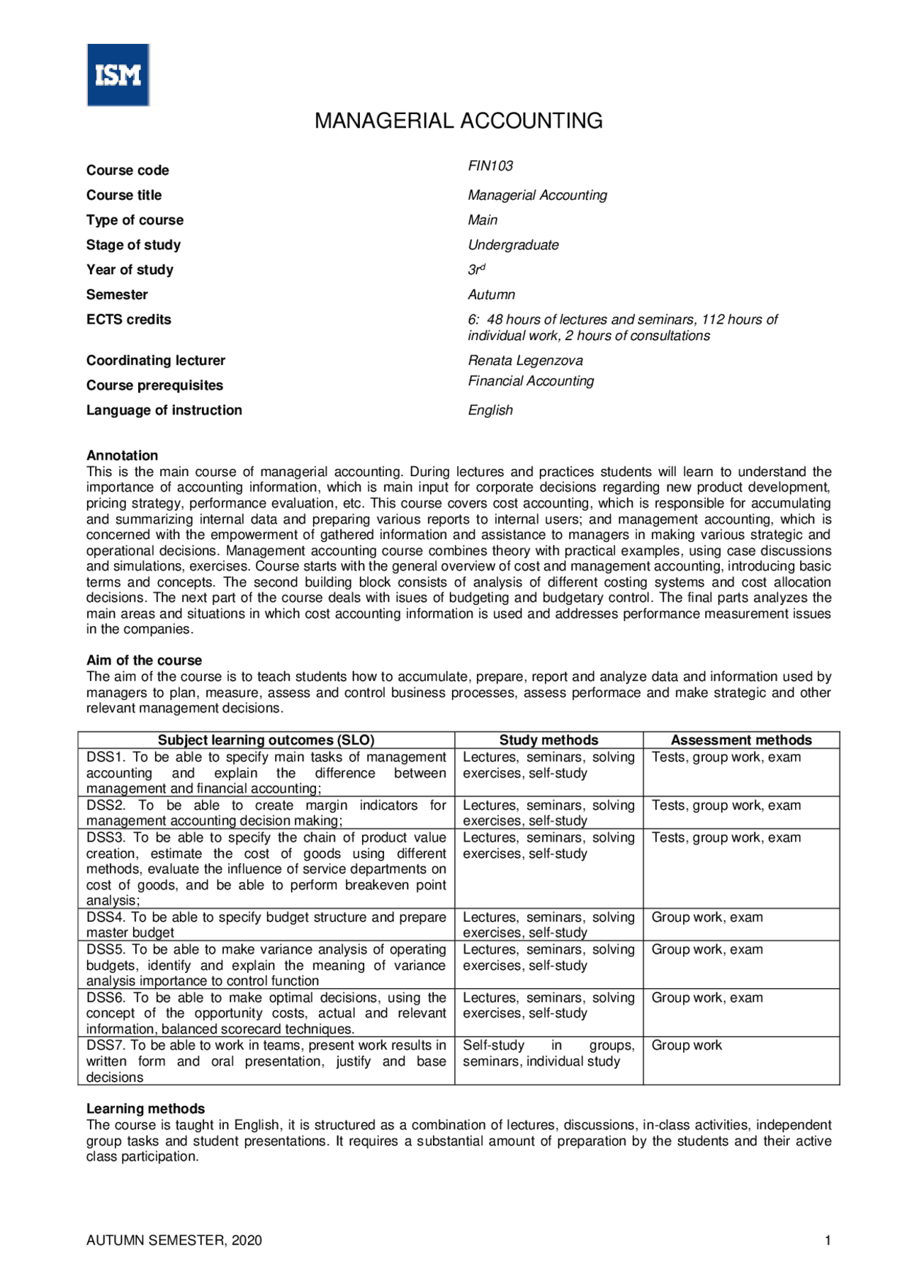 Managerial Accounting | ISM | Lecture notes Accounting | Docsity
