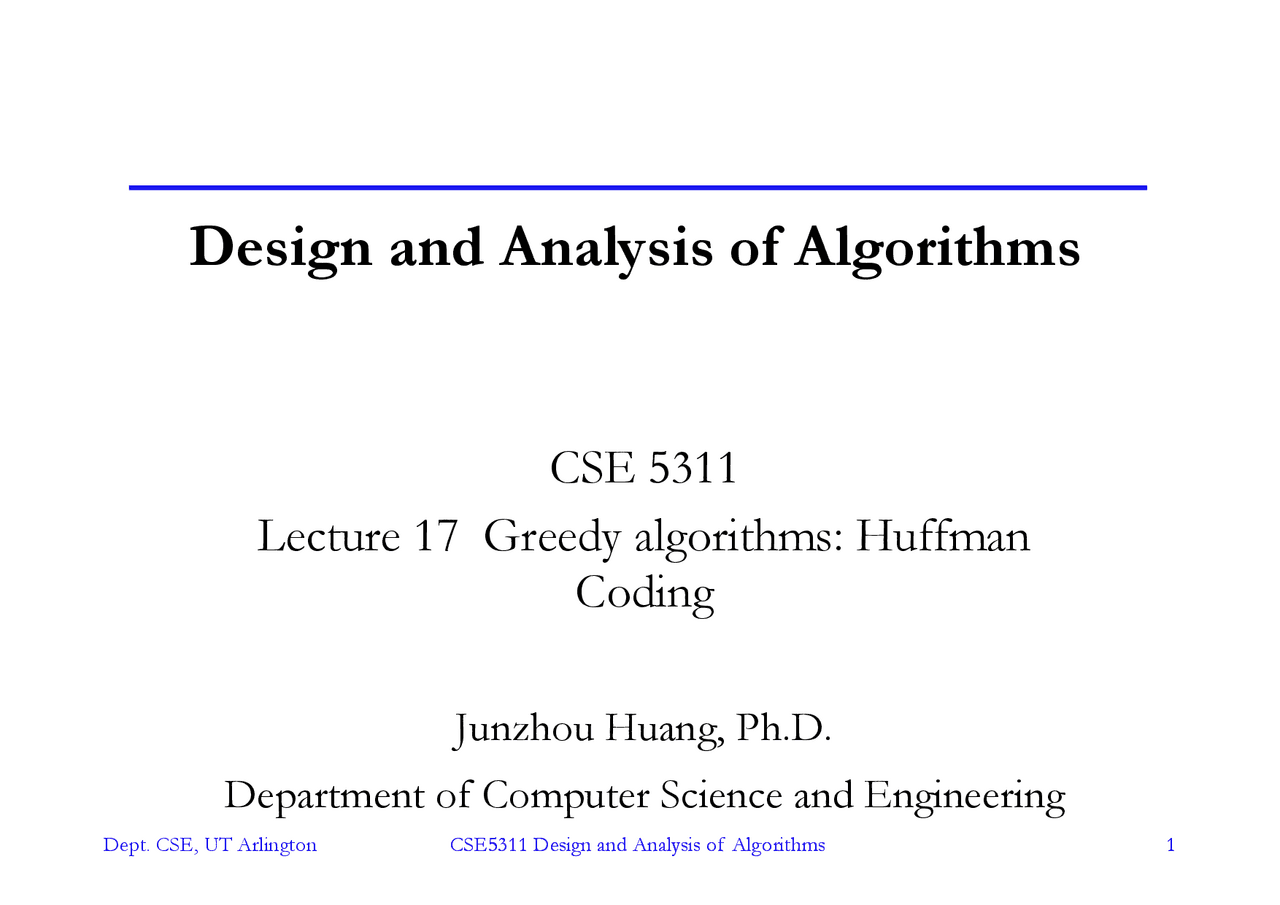 Huffman Coding | Study notes Design and Analysis of Algorithms | Docsity