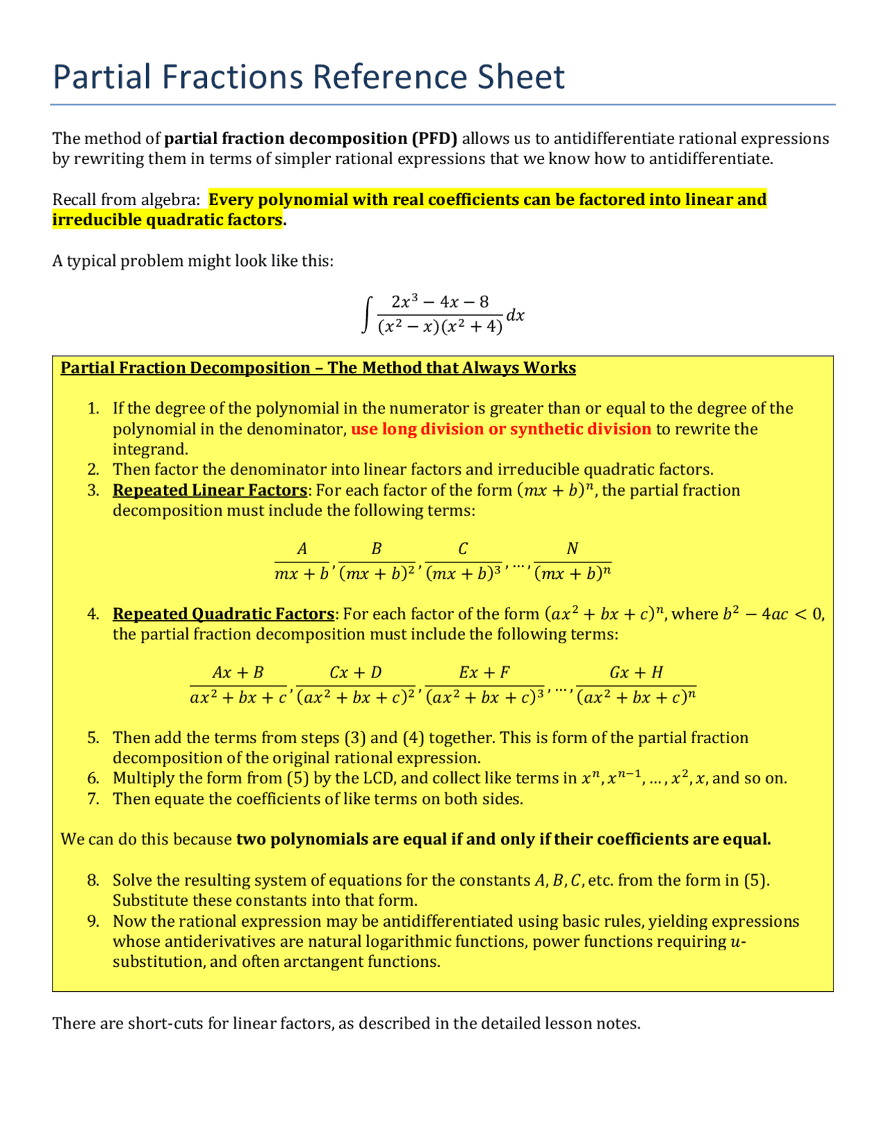 Partial Fractions Reference Sheet | Study notes Algebra | Docsity