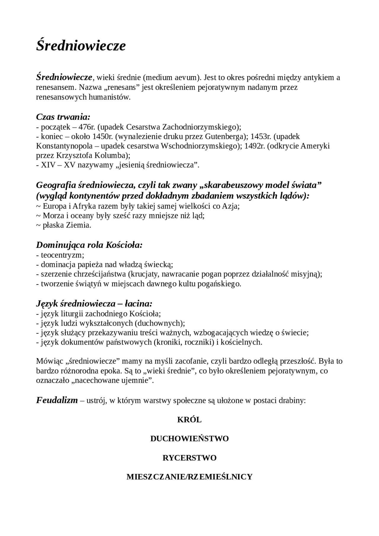 średniowiecze - najważniejsze fakty | Notatki Język polski - Docsity