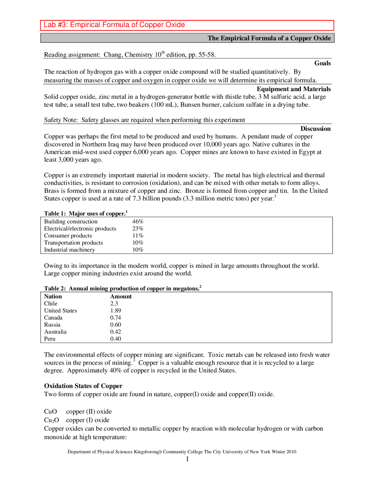 1 Lab 3 Empirical Formula of Copper Oxide Lecture notes Chemistry