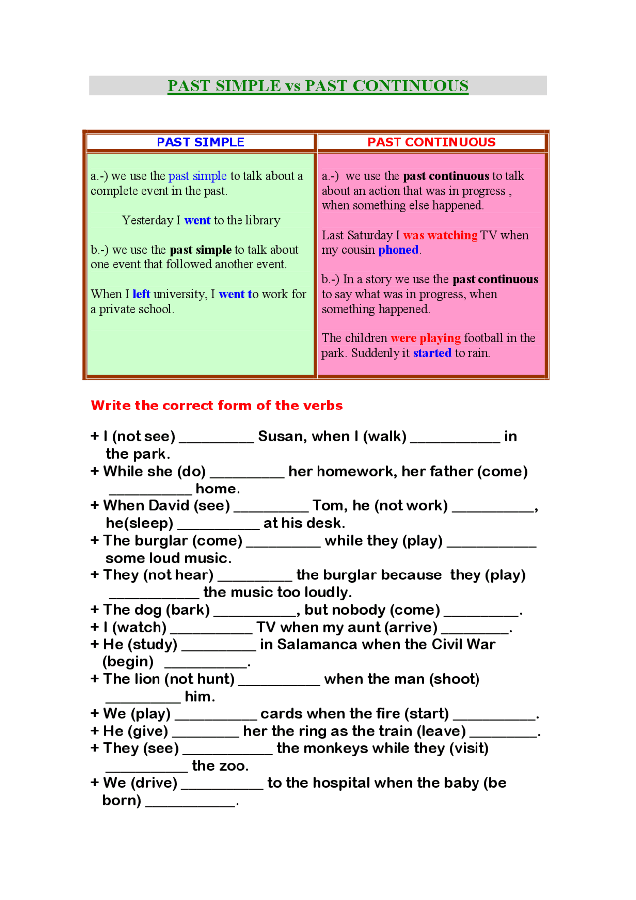PAST SIMPLE vs PAST CONTINUOUS 1 | Study notes English | Docsity