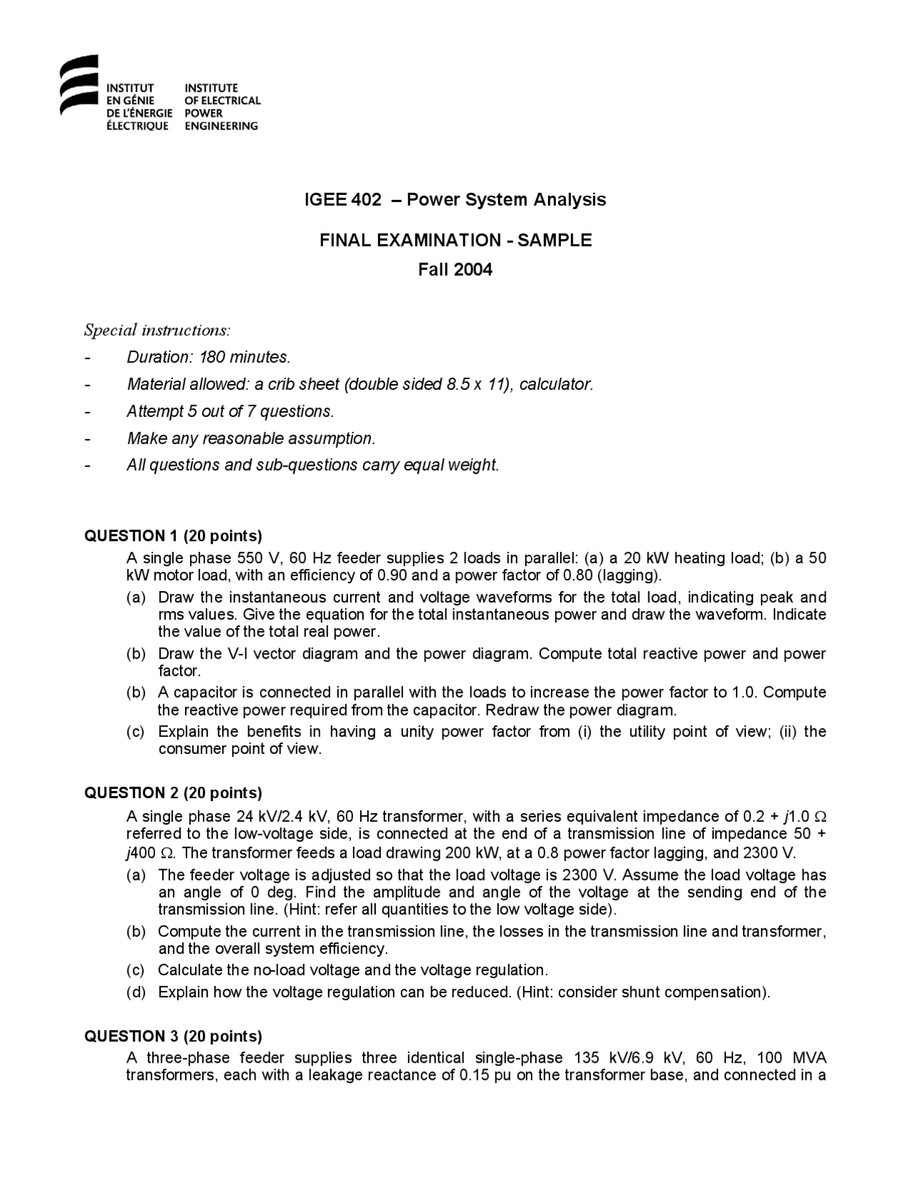 IGEE 402 – Power System Analysis FINAL EXAMINATION | Summaries Computer ...
