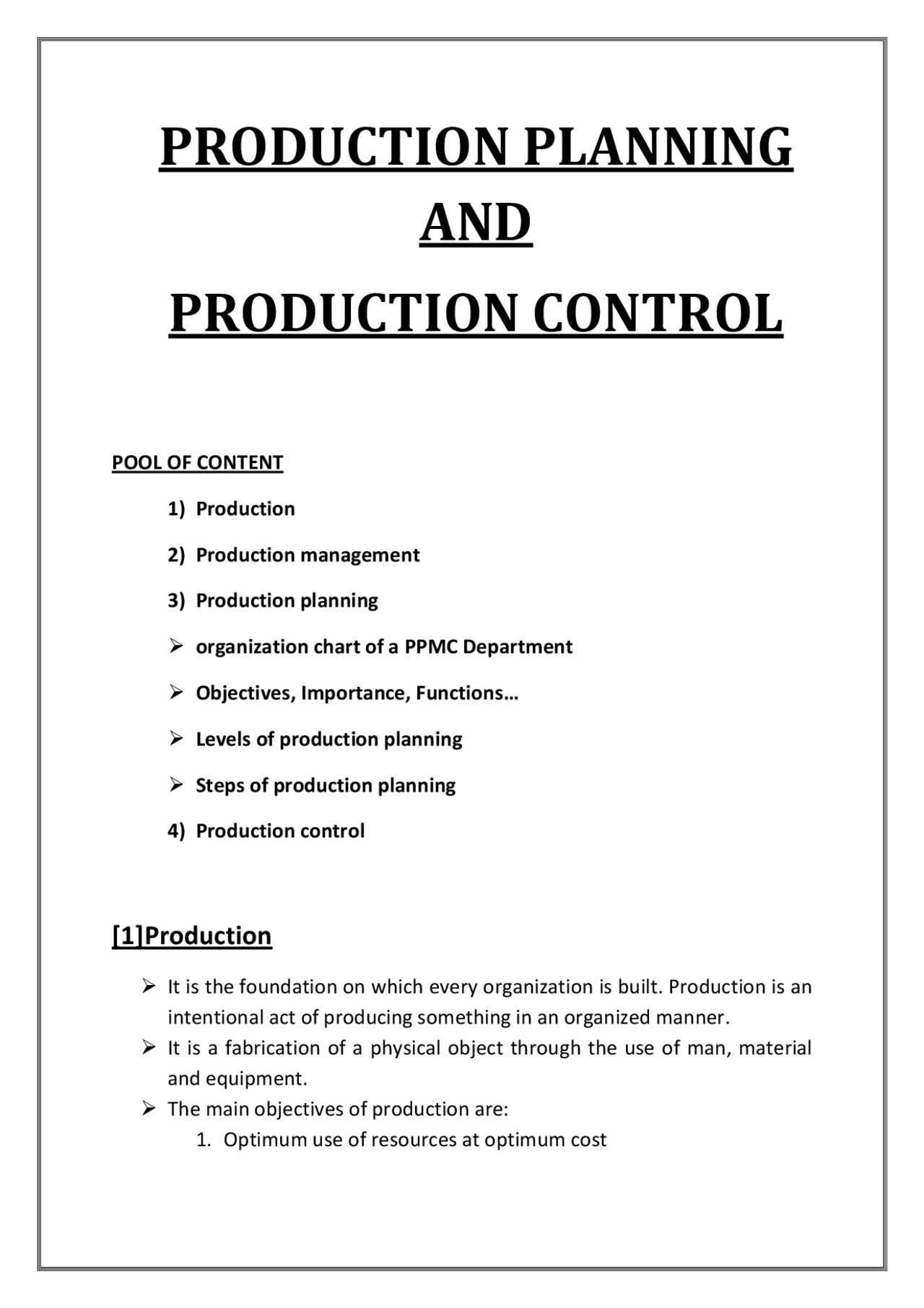 PRODUCTION PLANNING AND PRODUCTION CONTROL | Study notes Production