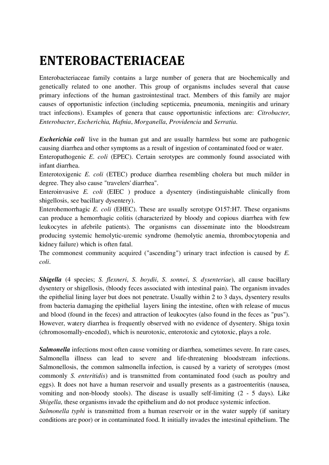 ENTEROBACTERIACEAE | Exams Microbiology | Docsity