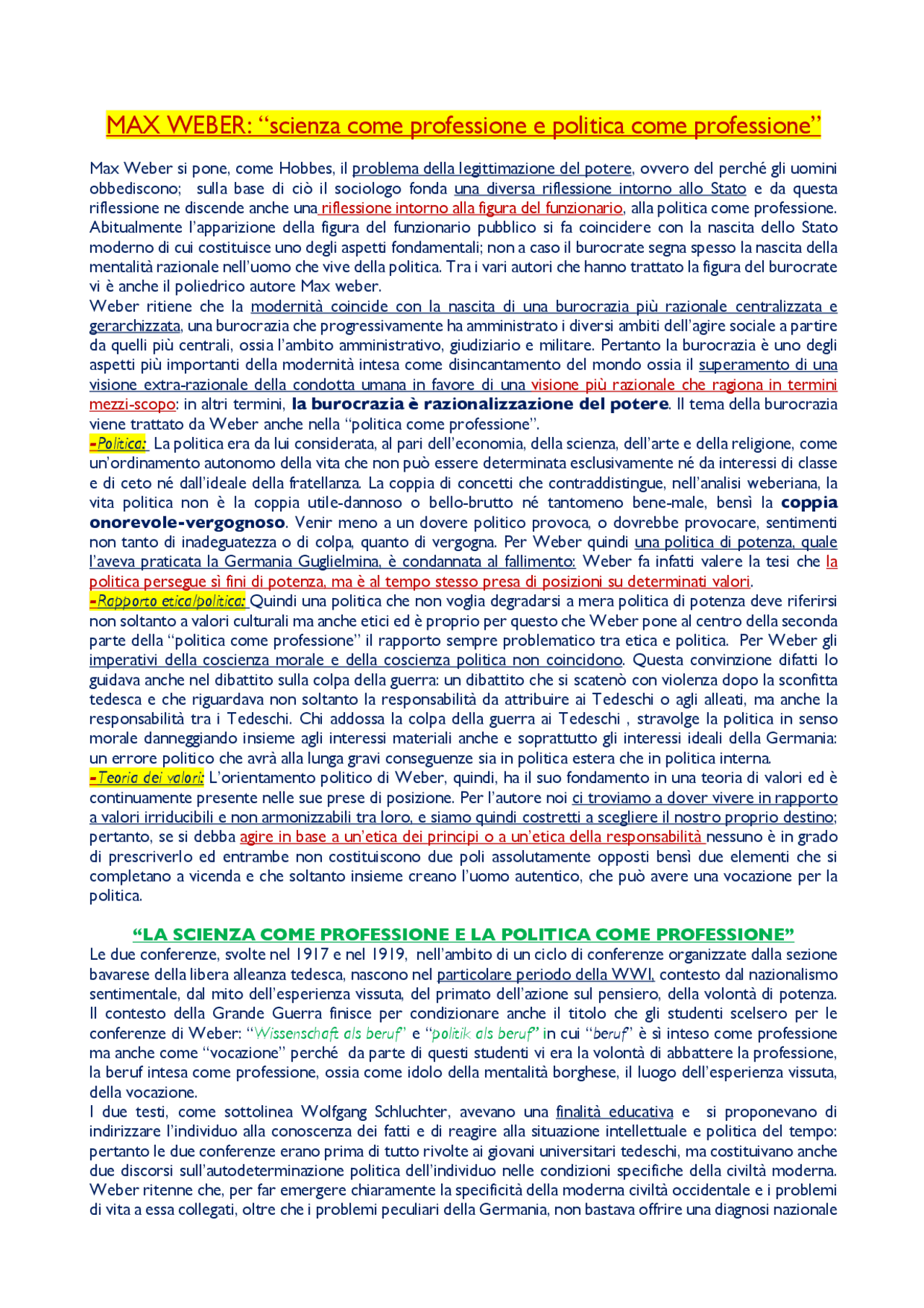 La scienza come professione e La politica come professione Sintesi