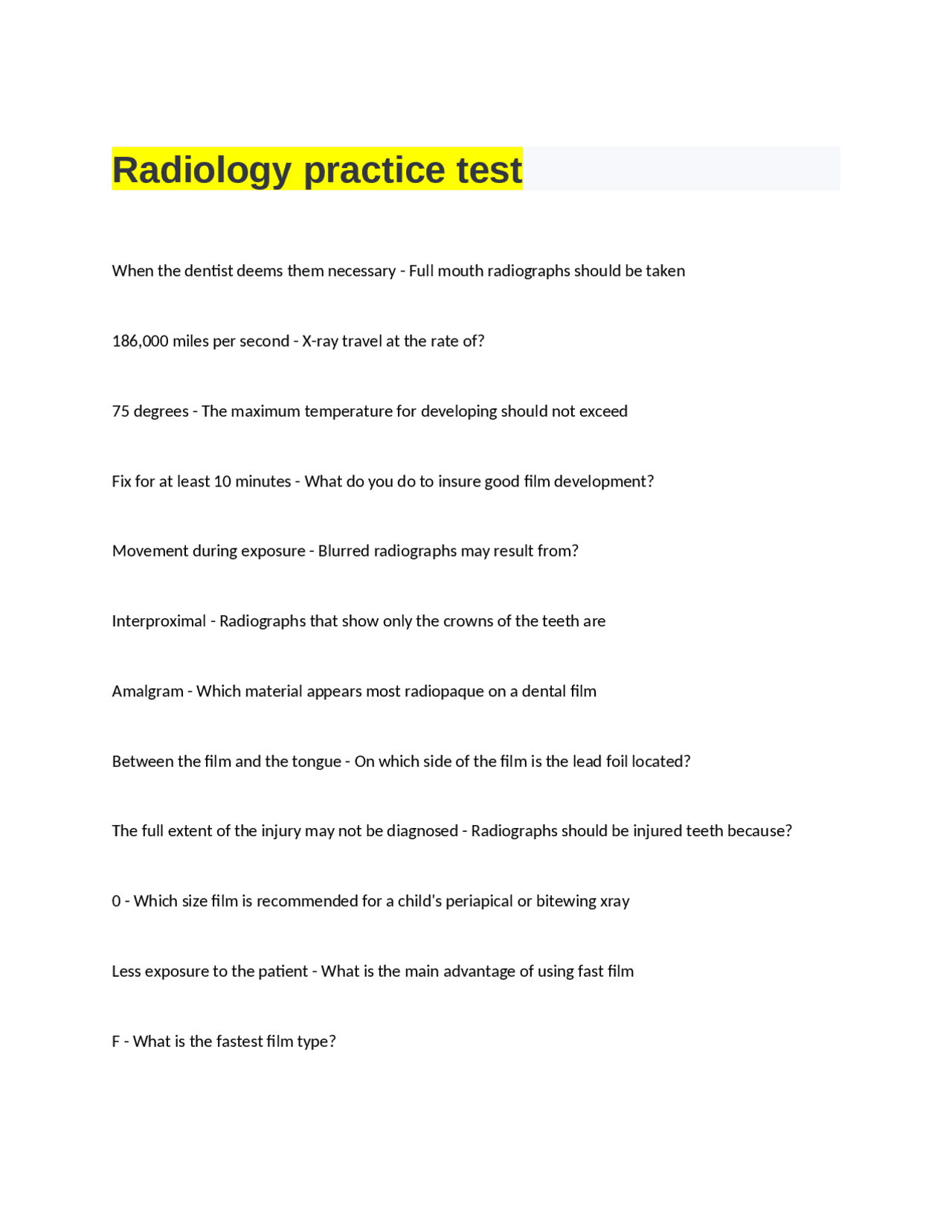 Radiology practice test | Exams Medicine | Docsity
