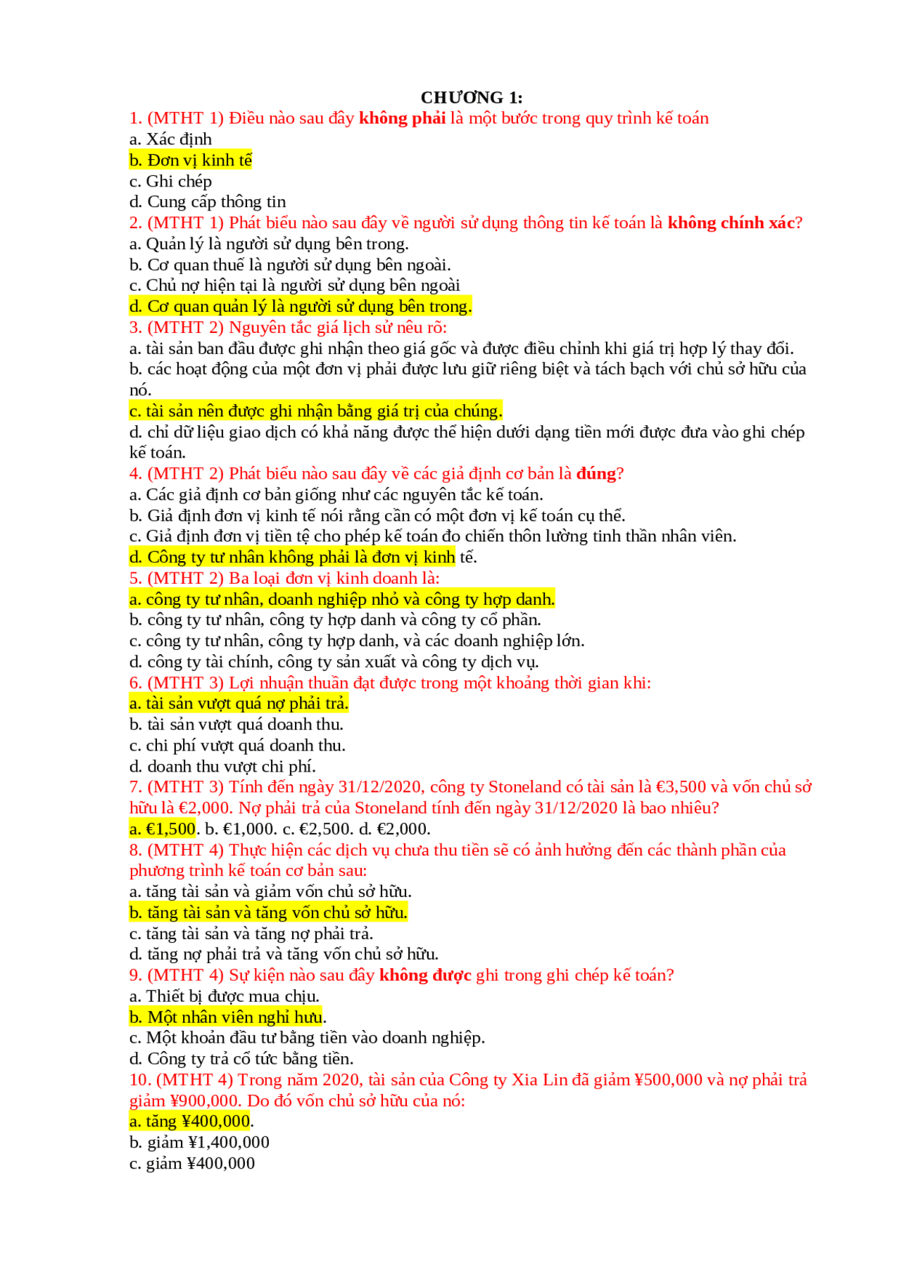 Nguyen li ke toan bai tap quizz | Exercises Economics | Docsity