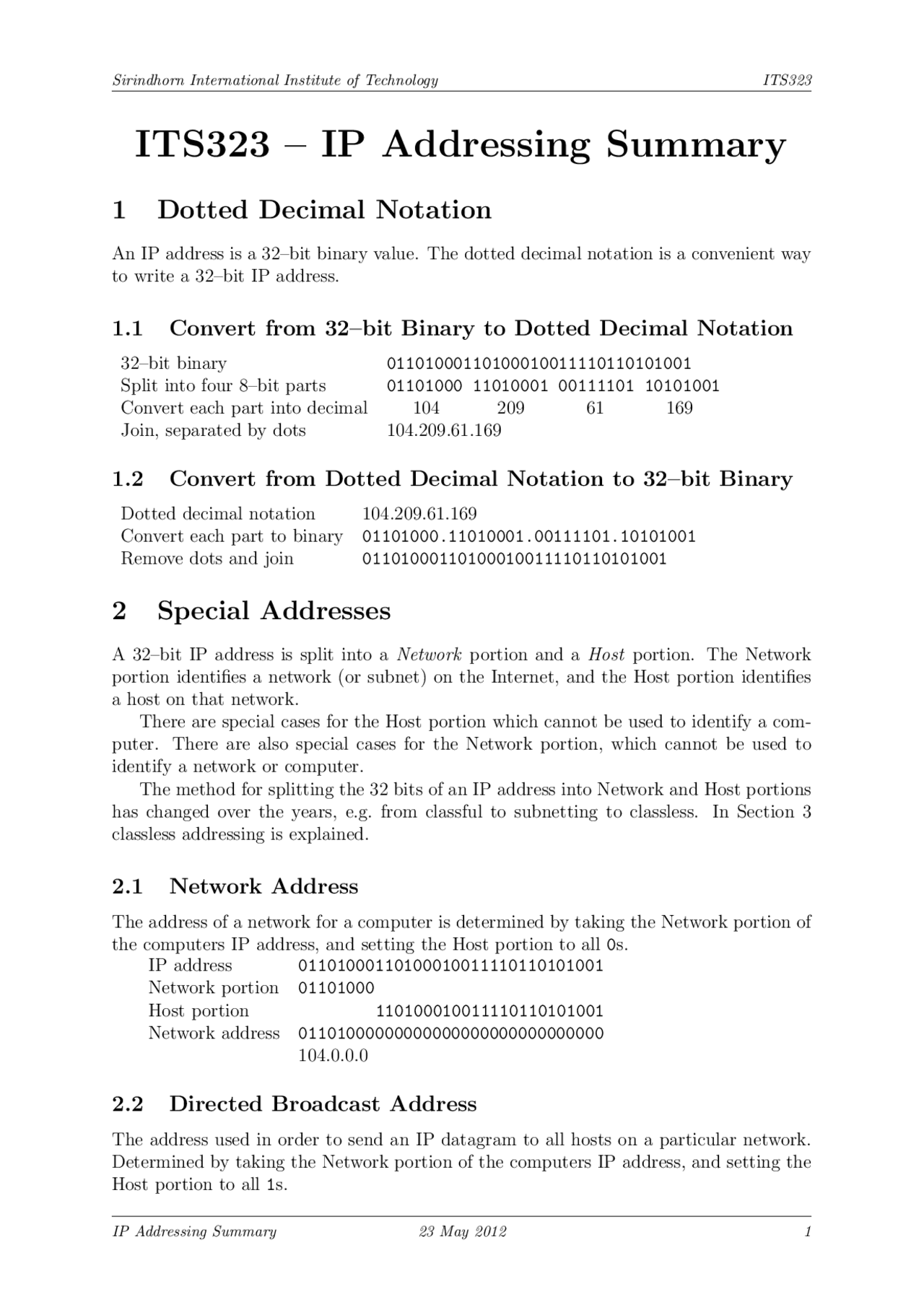ITS323 – IP Addressing Summary | Study notes Technology | Docsity