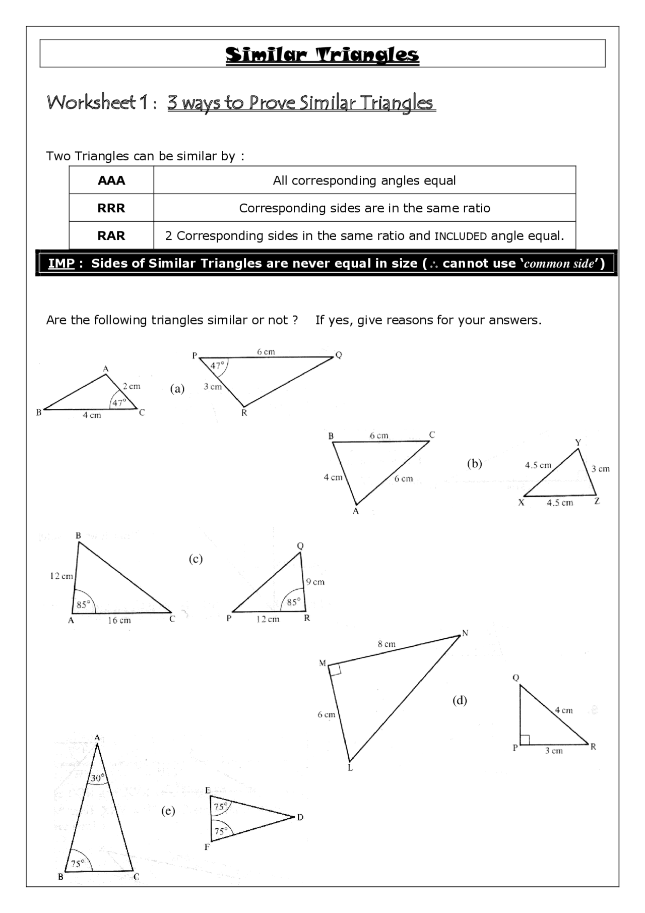Similar Triangles Worksheet 1 : 3 ways to Prove | Exercises