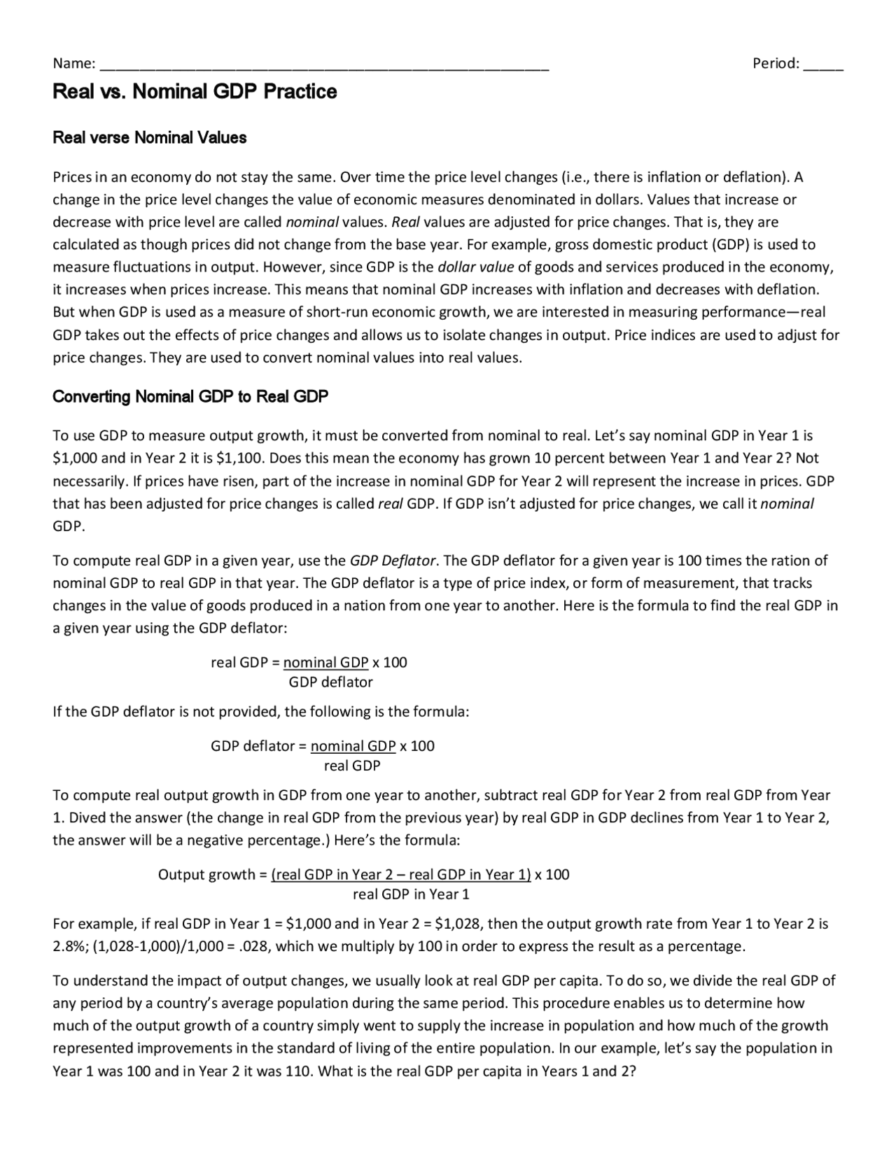 Real vs. Nominal GDP Practice | Lecture notes Macroeconomics | Docsity