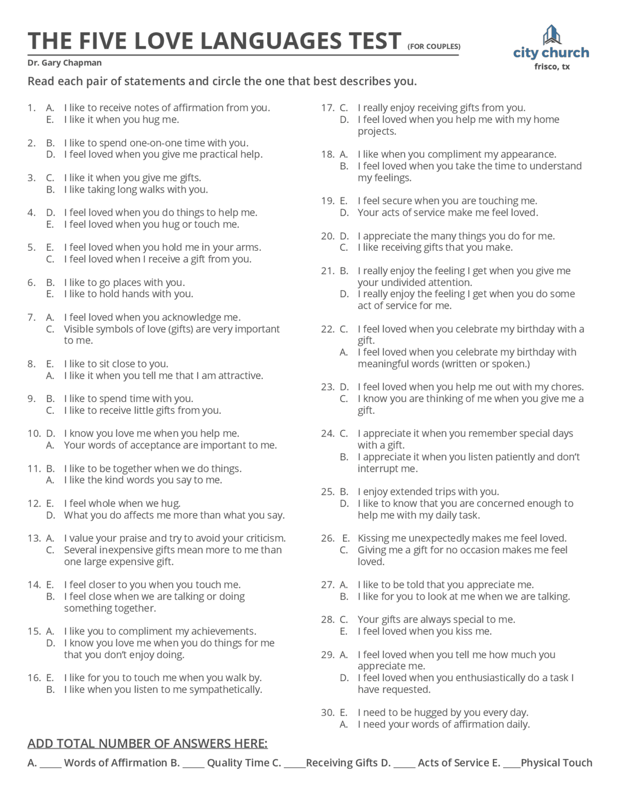 THE FIVE LOVE LANGUAGES TEST FOR COUPLES Lecture Notes English The five love languages test for couples lecture notes english
