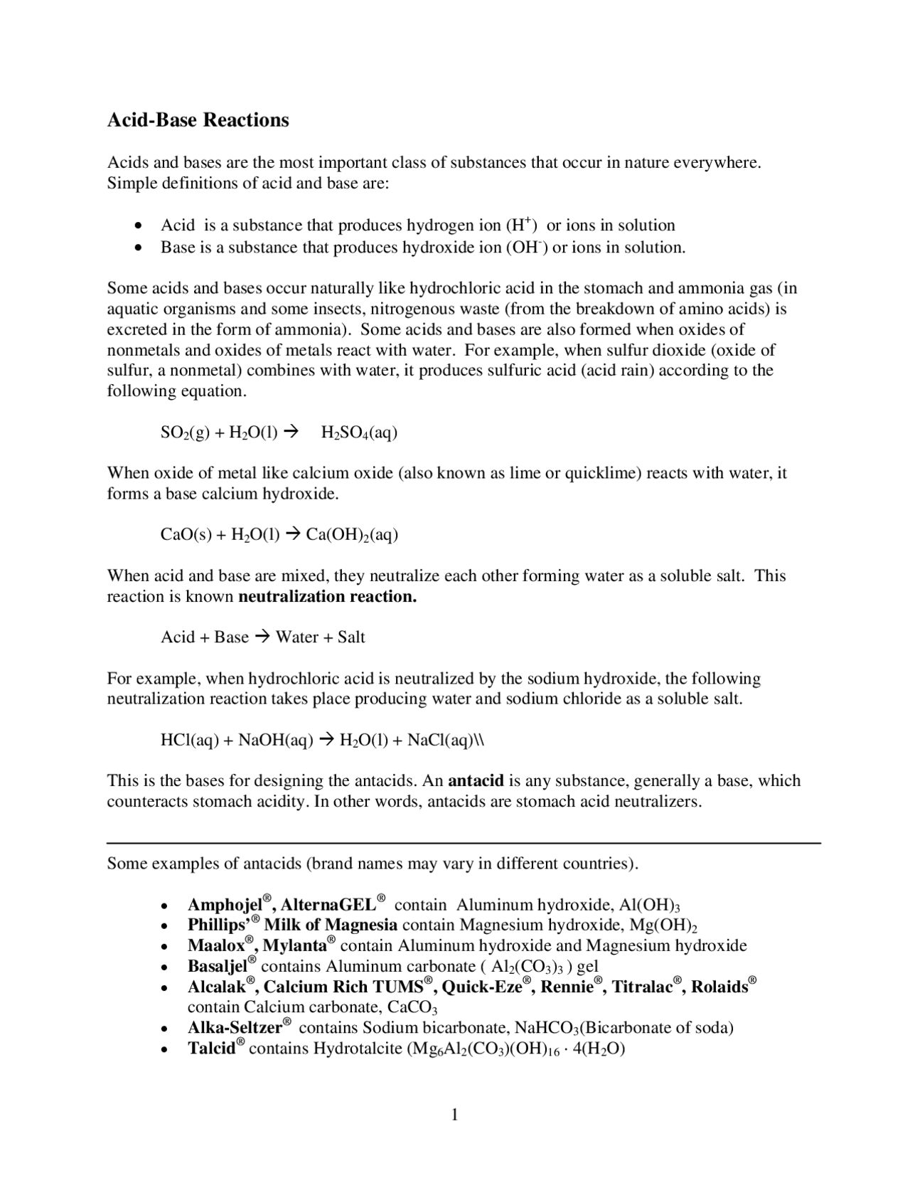 Acid-Base Reactions | Study notes Chemistry | Docsity