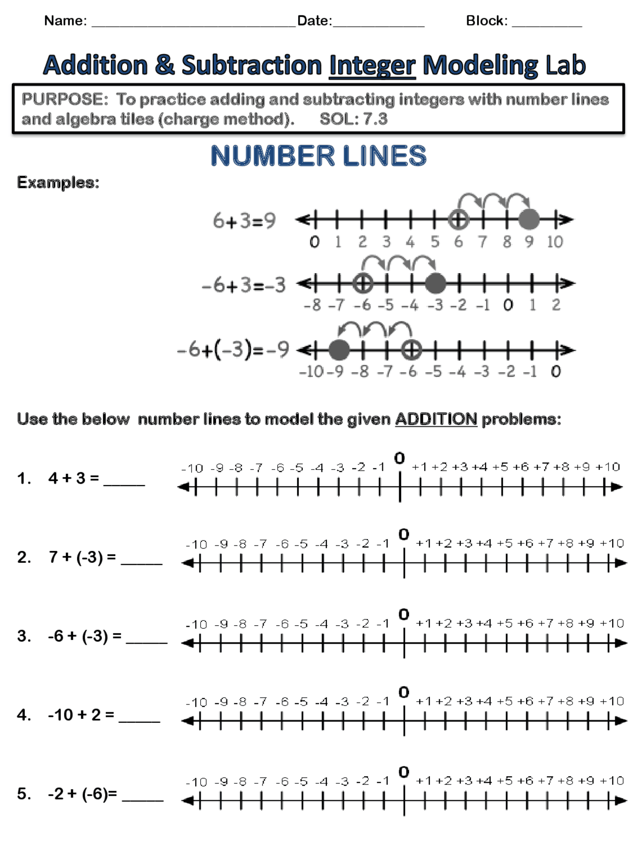 NUMBER LINES | Exercises Algebra | Docsity