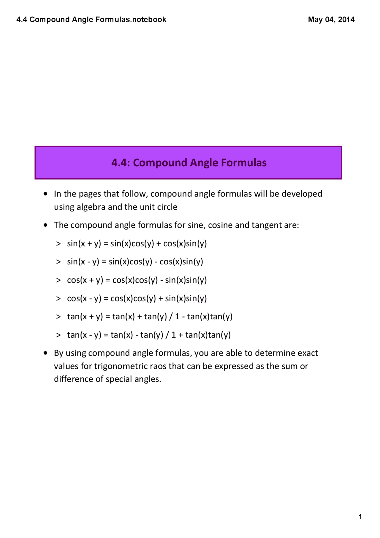 Compound Angle Visualisation 4.4 Compound Angle Formulas.notebook | Study notes Algebra - Docsity