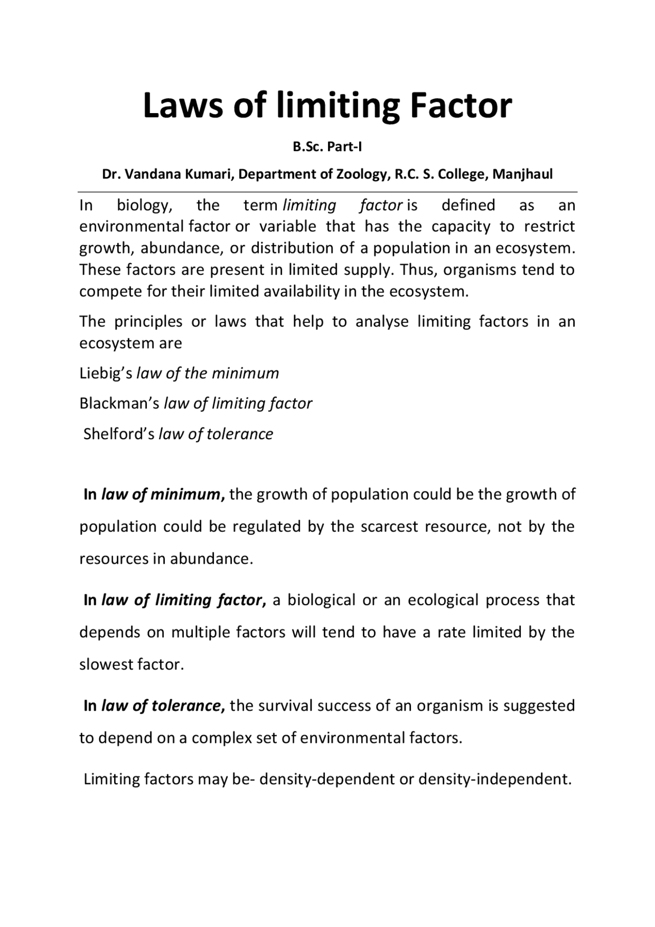 Laws of limiting Factor | Study notes Law | Docsity