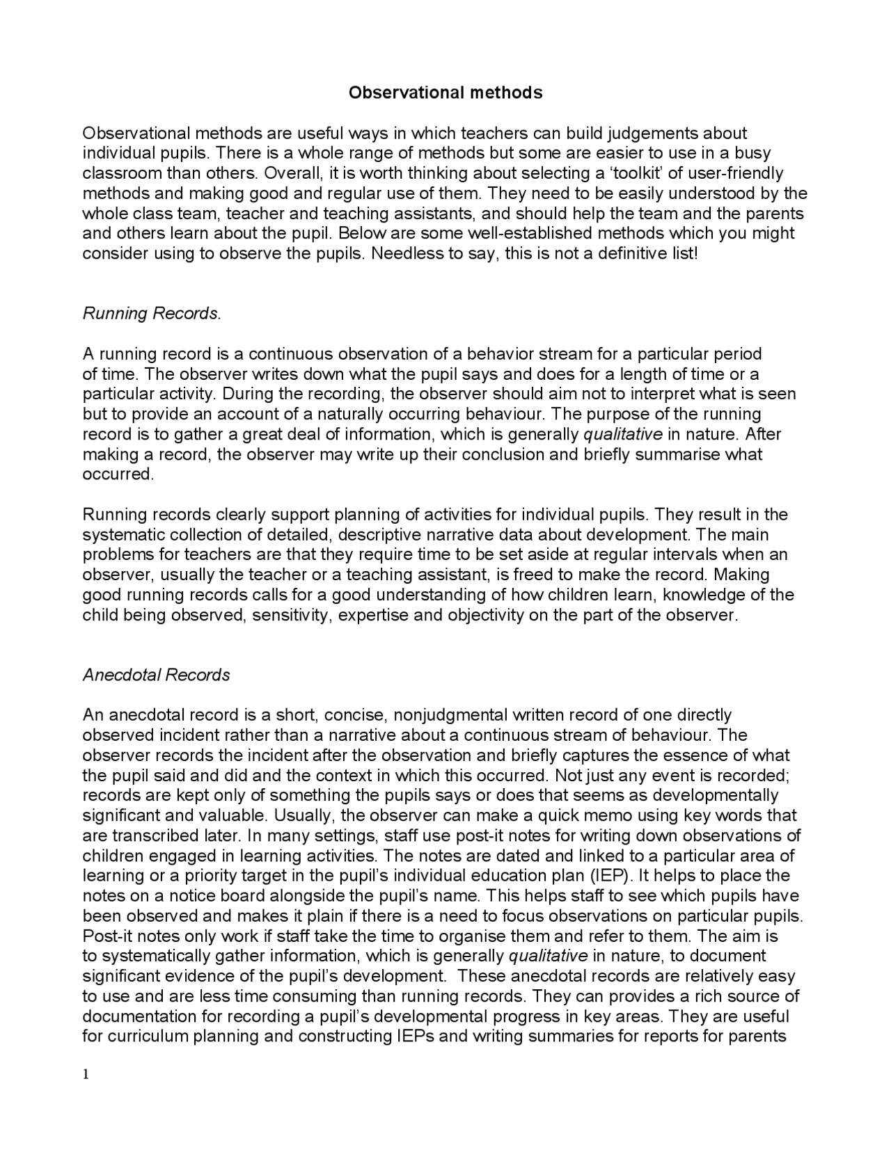 Observational methods | Study notes Acting | Docsity