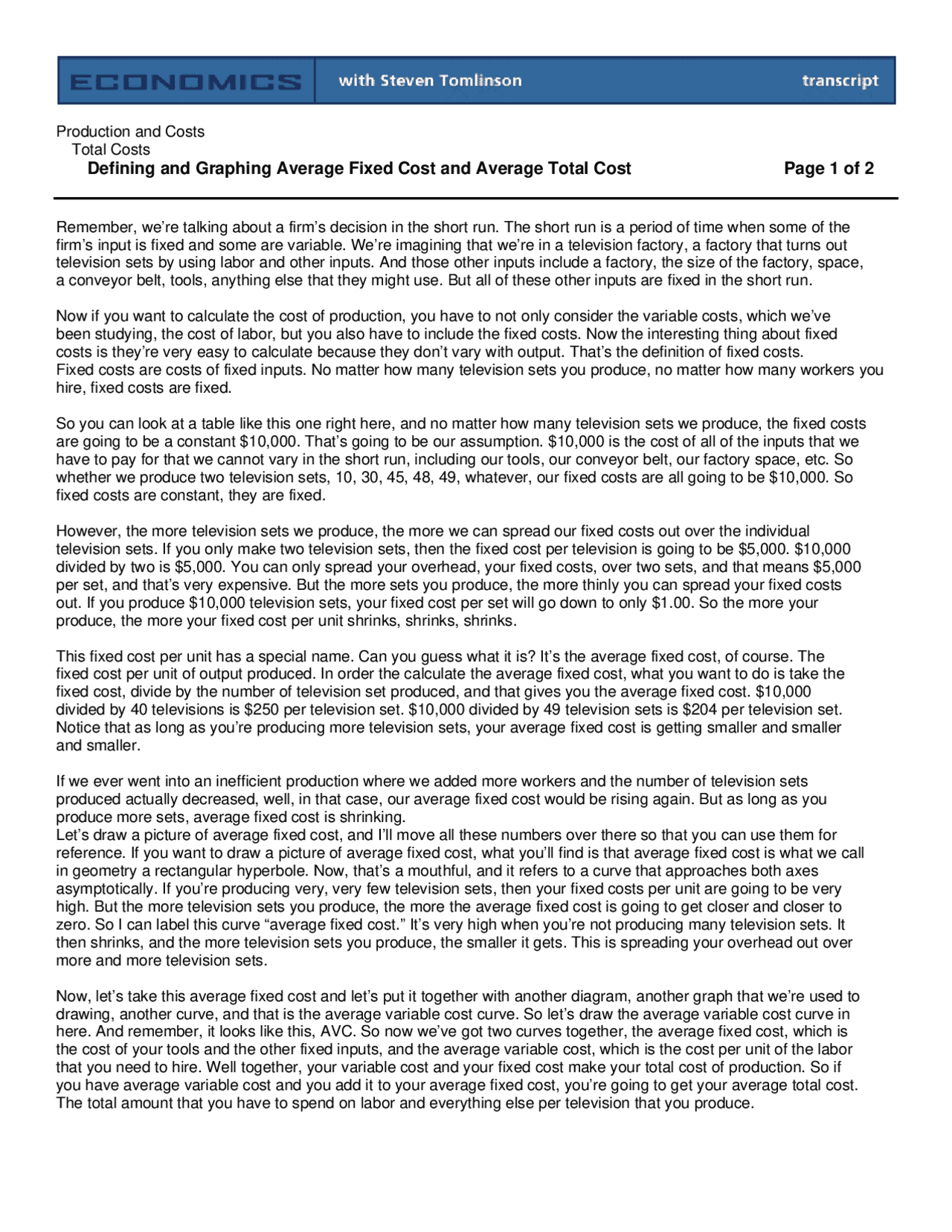 Defining And Graphing Average Fixed Cost And Lecture Notes