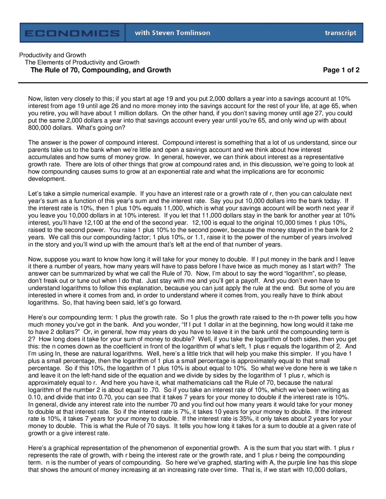 The Rule of 70, Compounding, and Growth Page 1 of 2 | Lecture notes ...