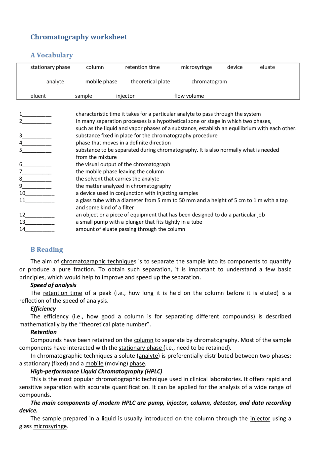 Chromatography worksheet Study notes Chemistry Docsity