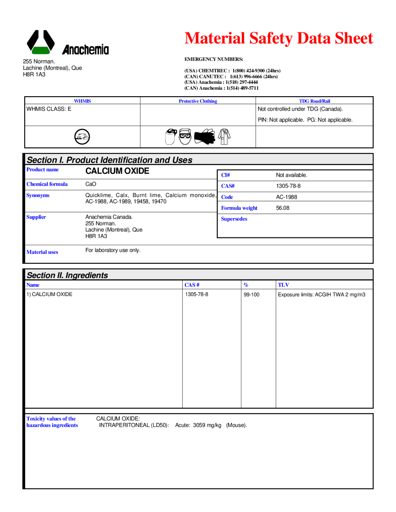 Material Safety Data Sheet for Calcium Oxide (CaO) | Study Guides ...