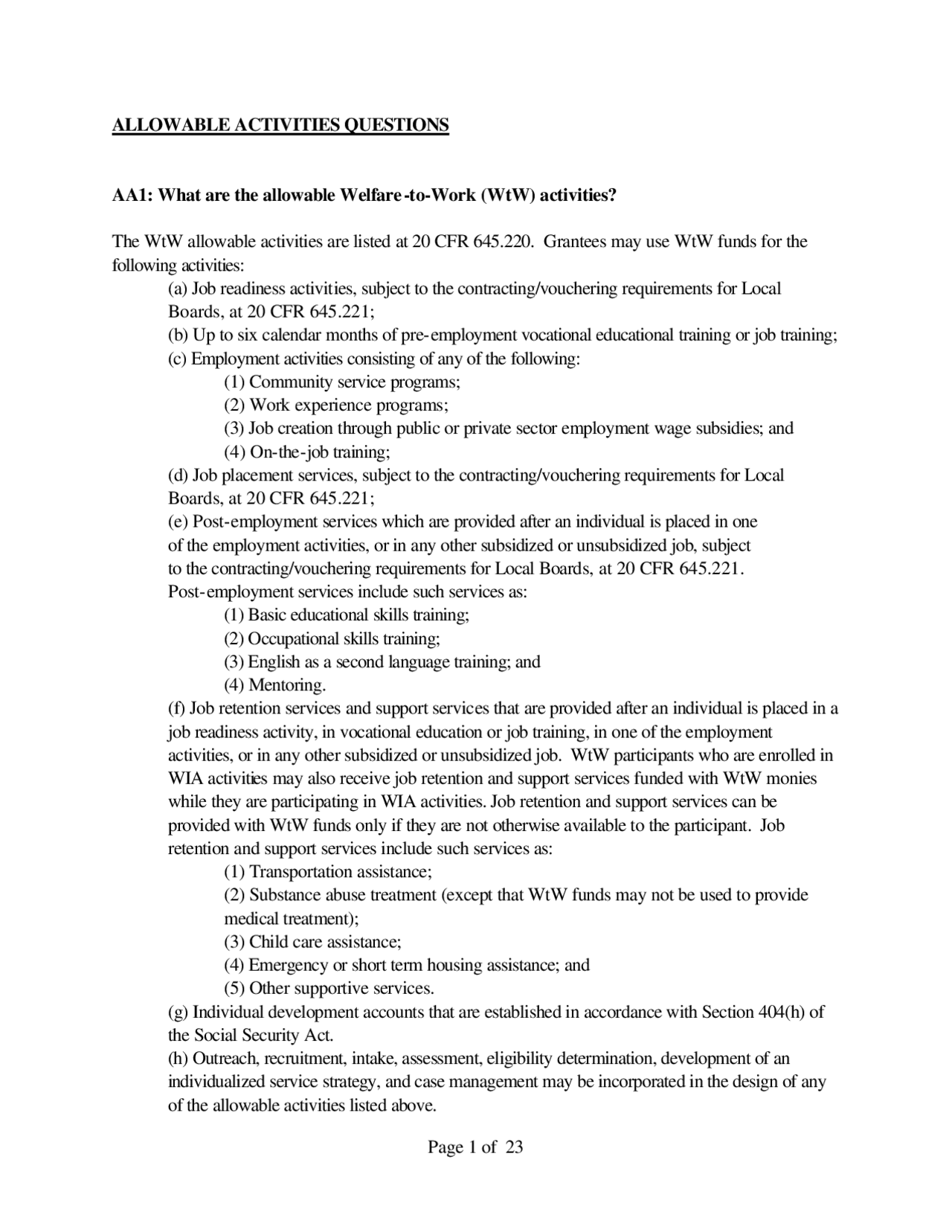 Welfare-to-Work Grants: Allowable Activities and Services | Schemes and ...