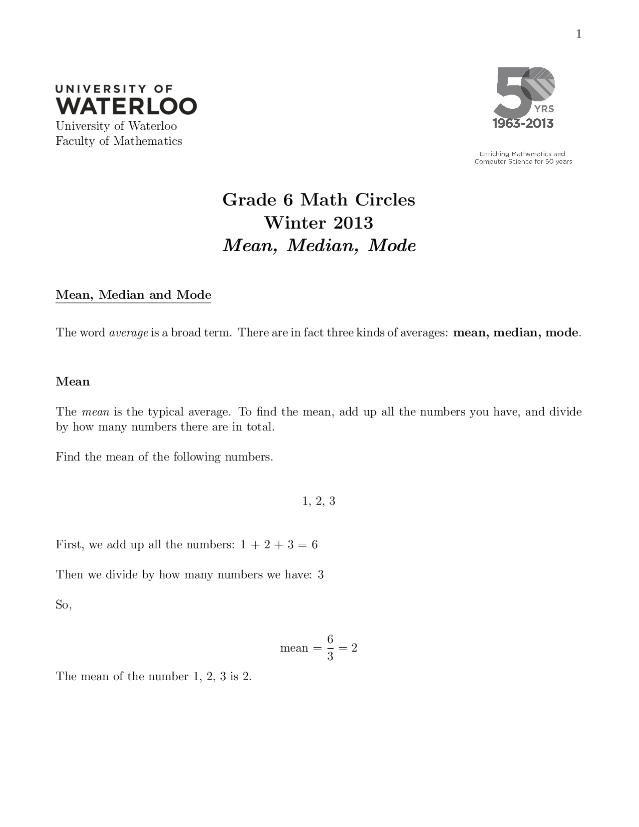 Grade 6 Math Circles Winter 2013 Mean, Median, Mode | Lectures ...